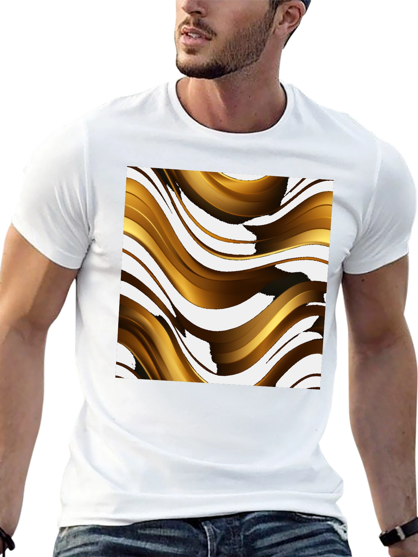 Abstract Gold Wave Graphic Tee - Modern Design