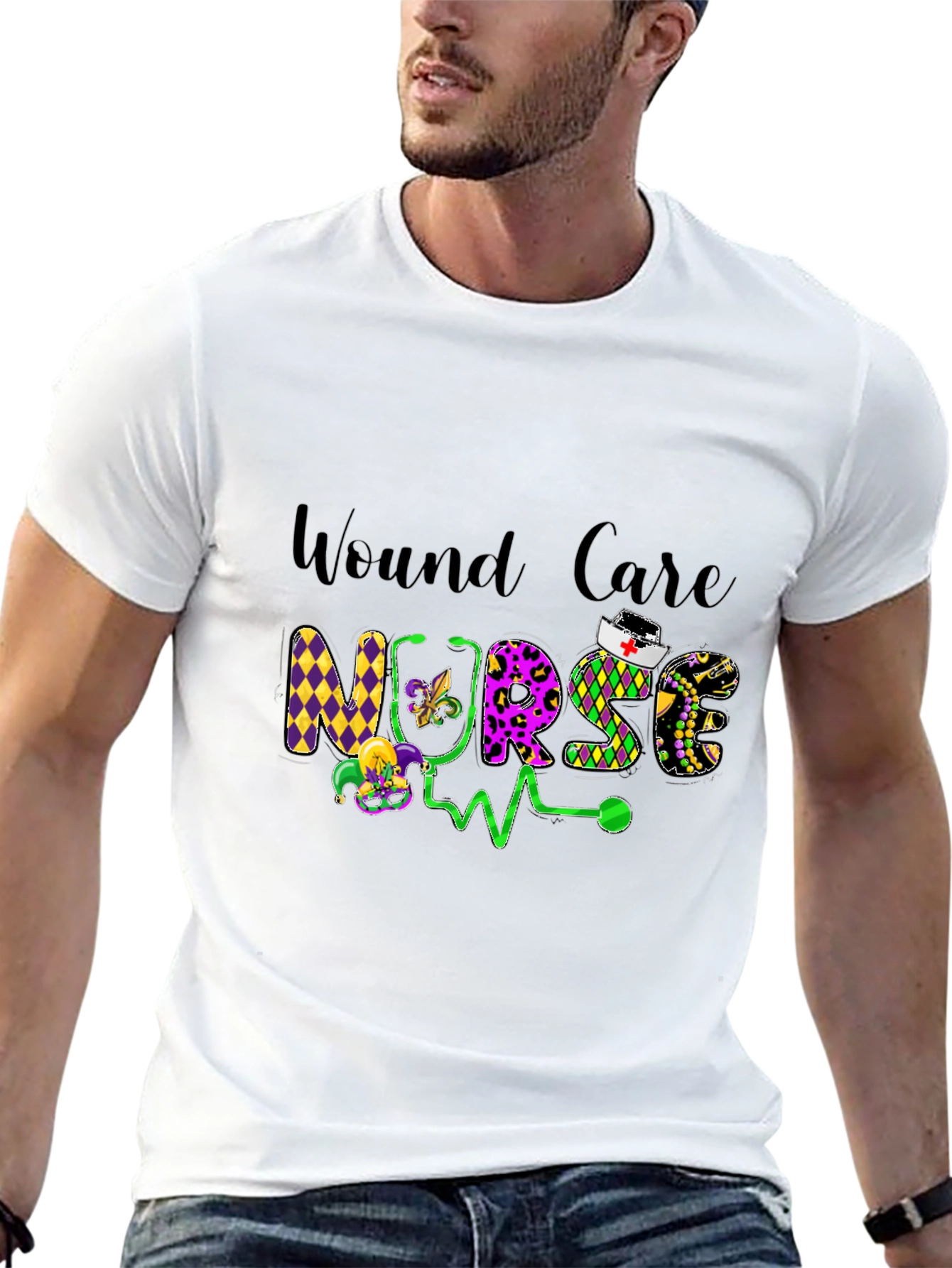 Wound Care Nurse T-Shirt Mardi Gras Design
