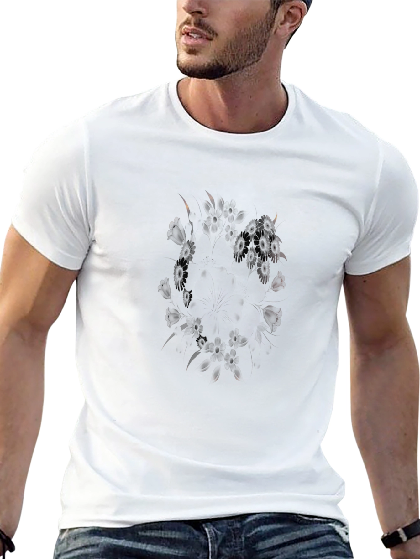 Mens Black Graphic Tee - Floral Pattern