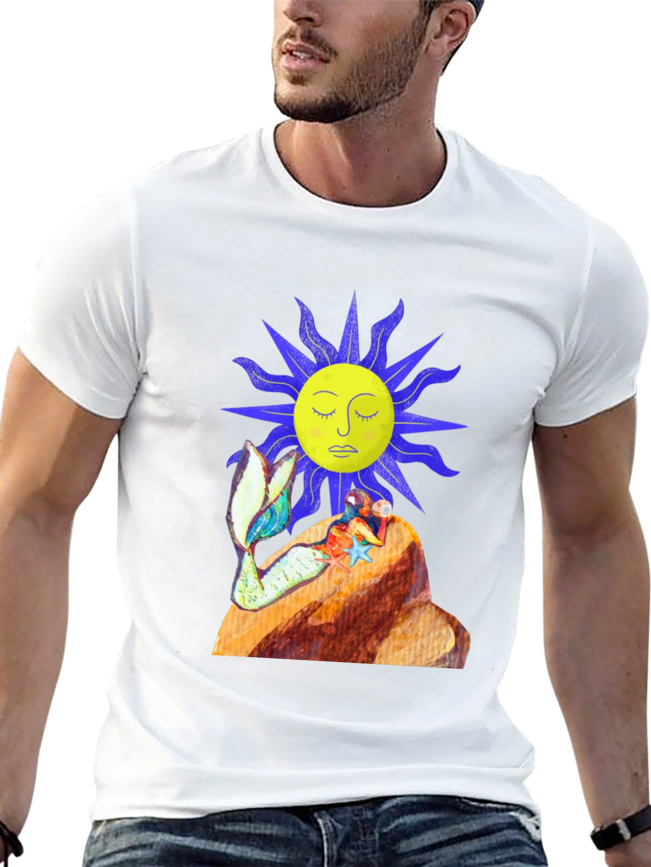 Black T-Shirt with Sun and Mermaid Design