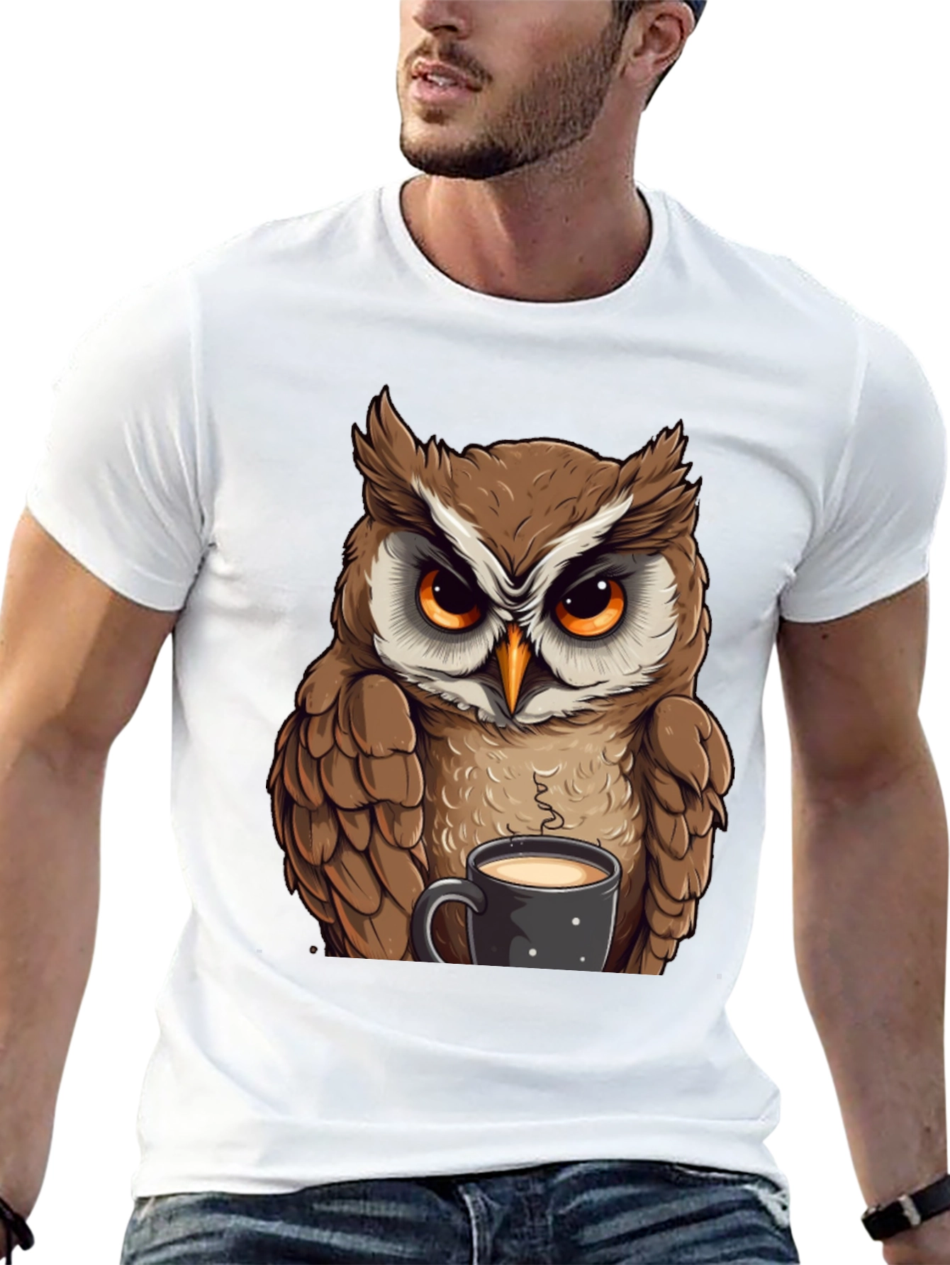 Owl With Coffee T-Shirt - Black Cotton Tee