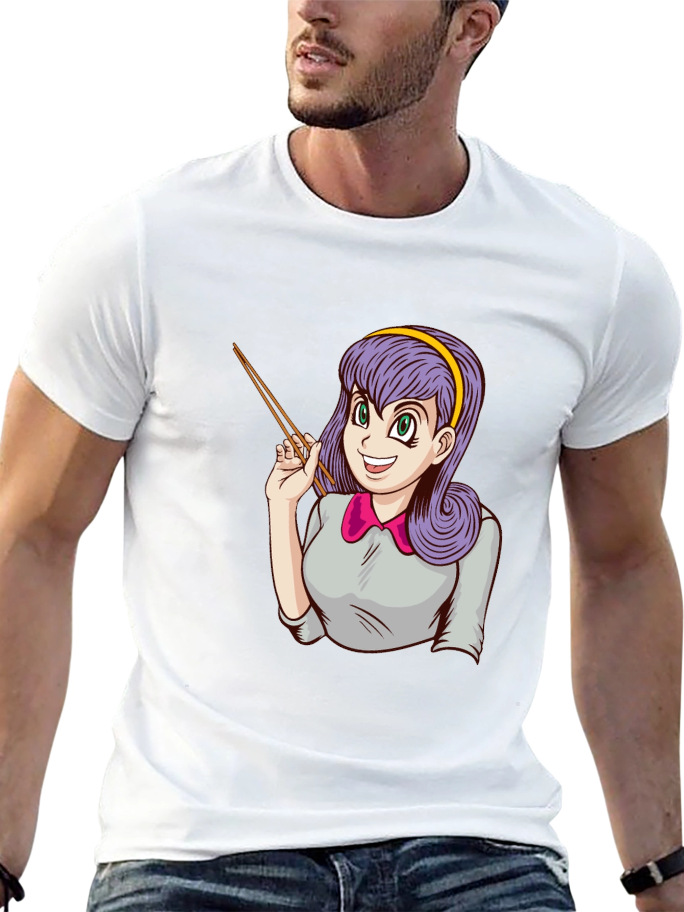Anime Girl with Chopsticks Graphic T-Shirt