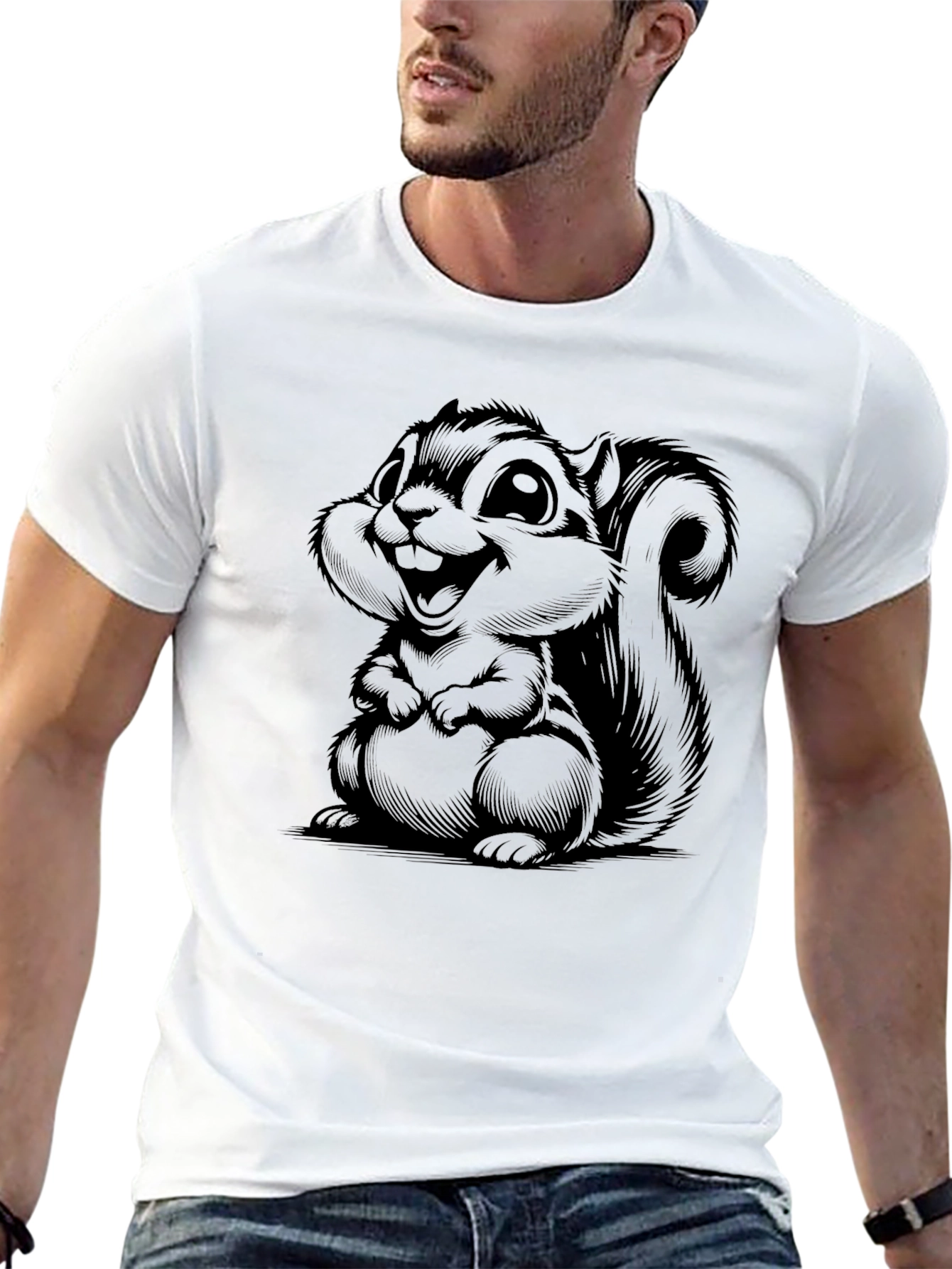 Cartoon Squirrel Graphic Tee - Soft Black T-Shirt