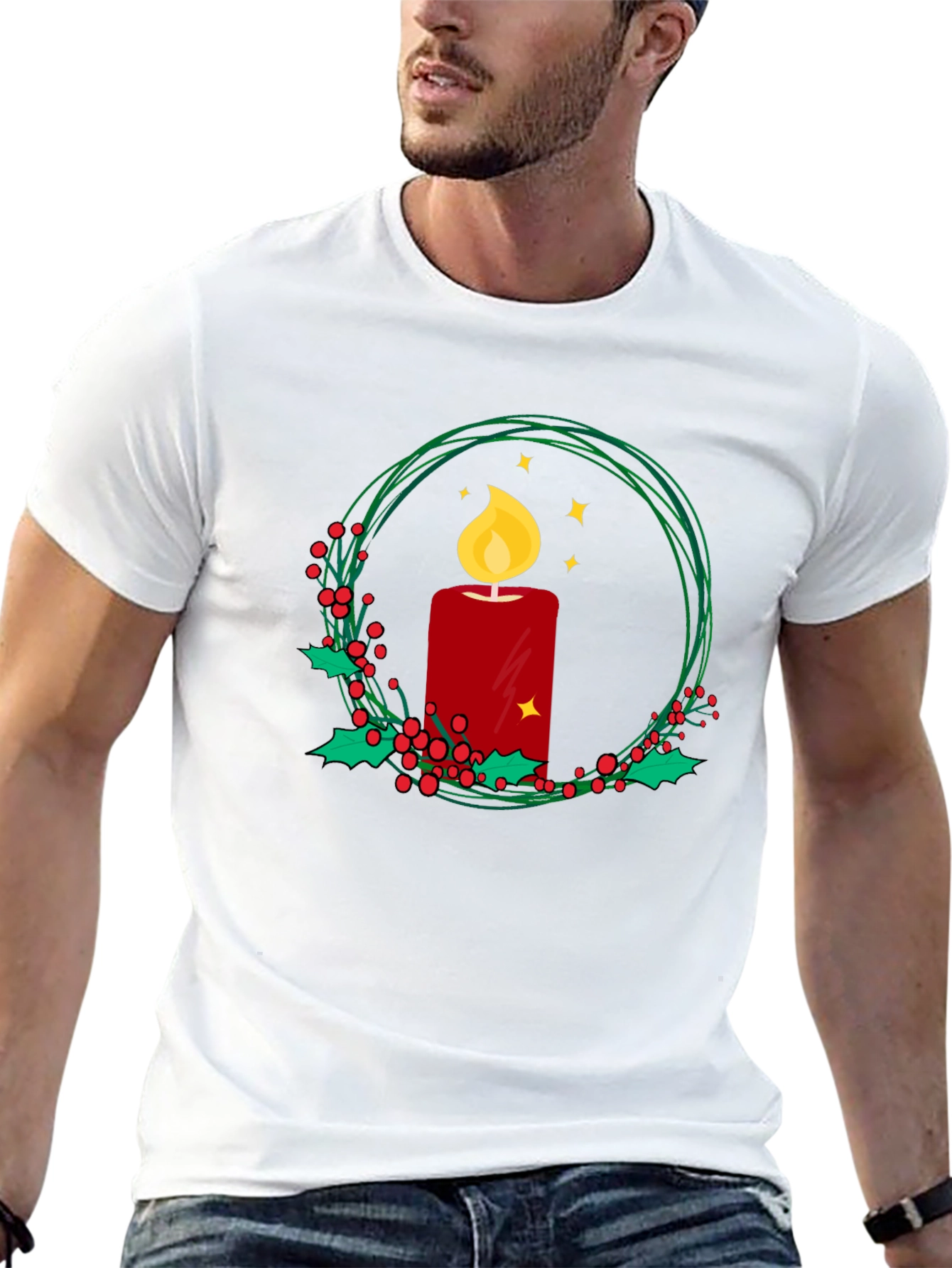 Festive Candle Wreath Graphic Tee - Holiday Cheer