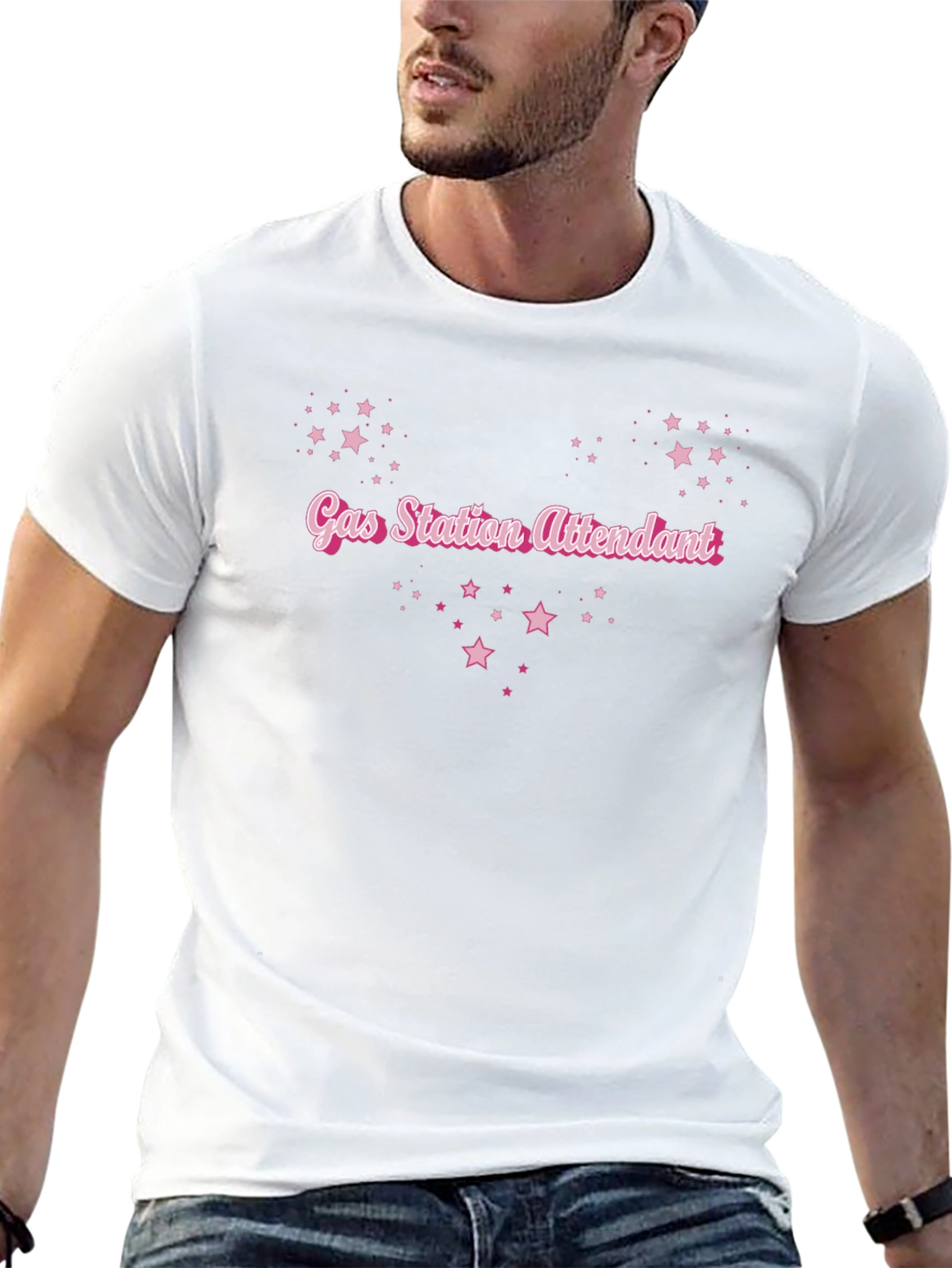 Gas Station Attendant Tee - Pink Stars
