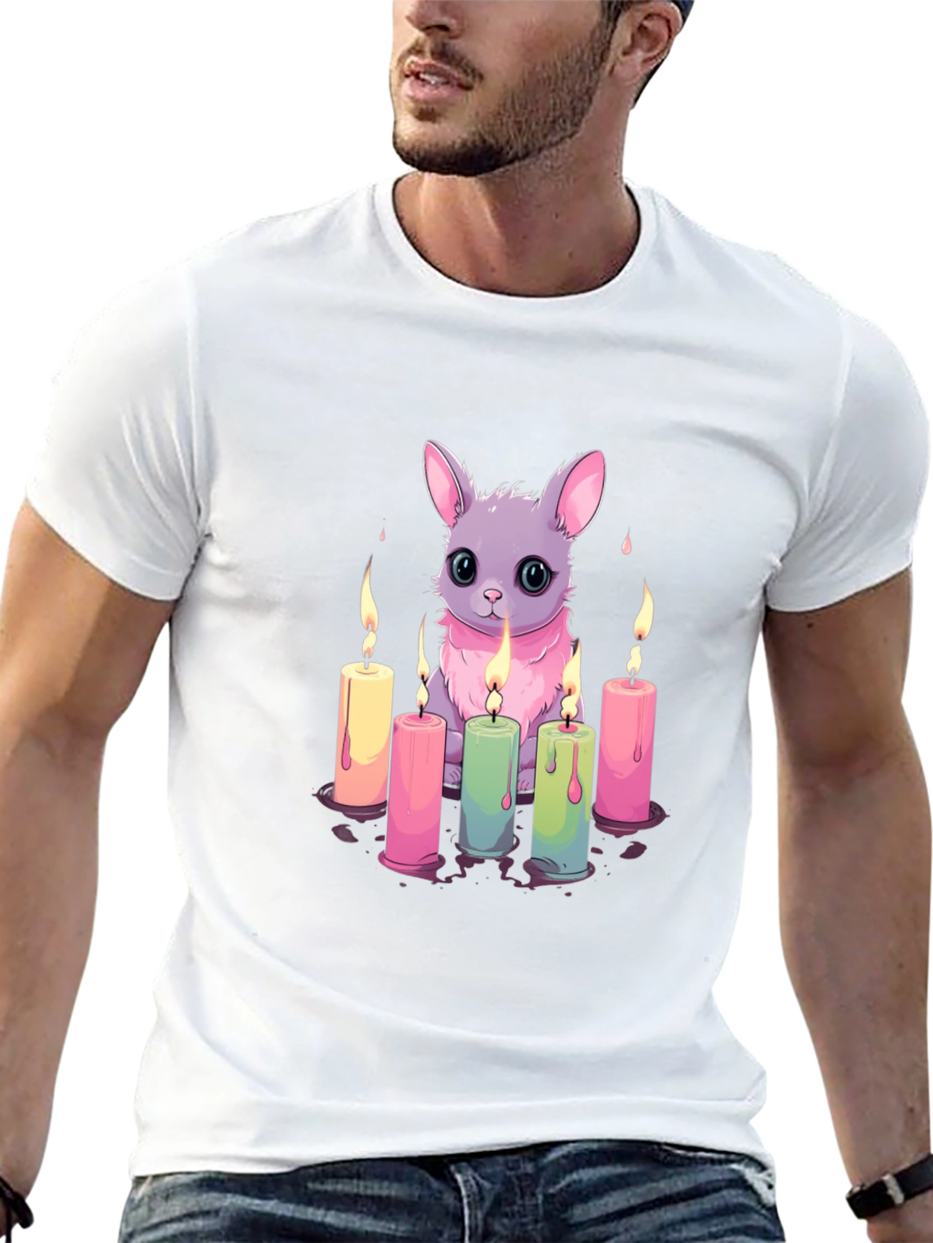 Cute Bunny & Candles Graphic Black T-Shirt