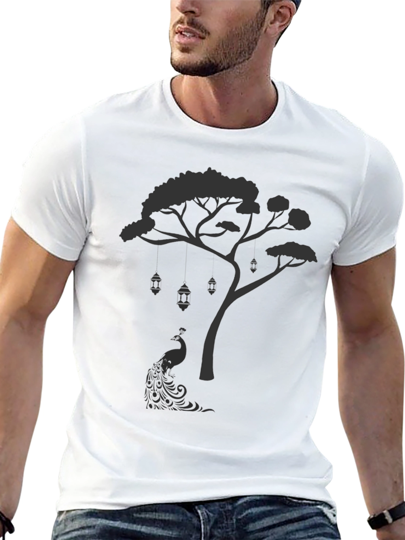 Mens Black Tree & Peacock Graphic Tee