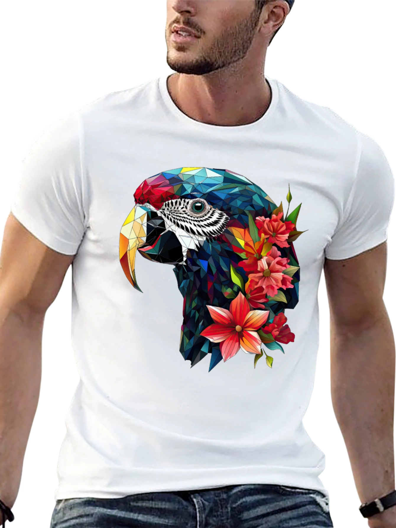 Geometric Parrot Floral T-Shirt - Unique Graphic Tee
