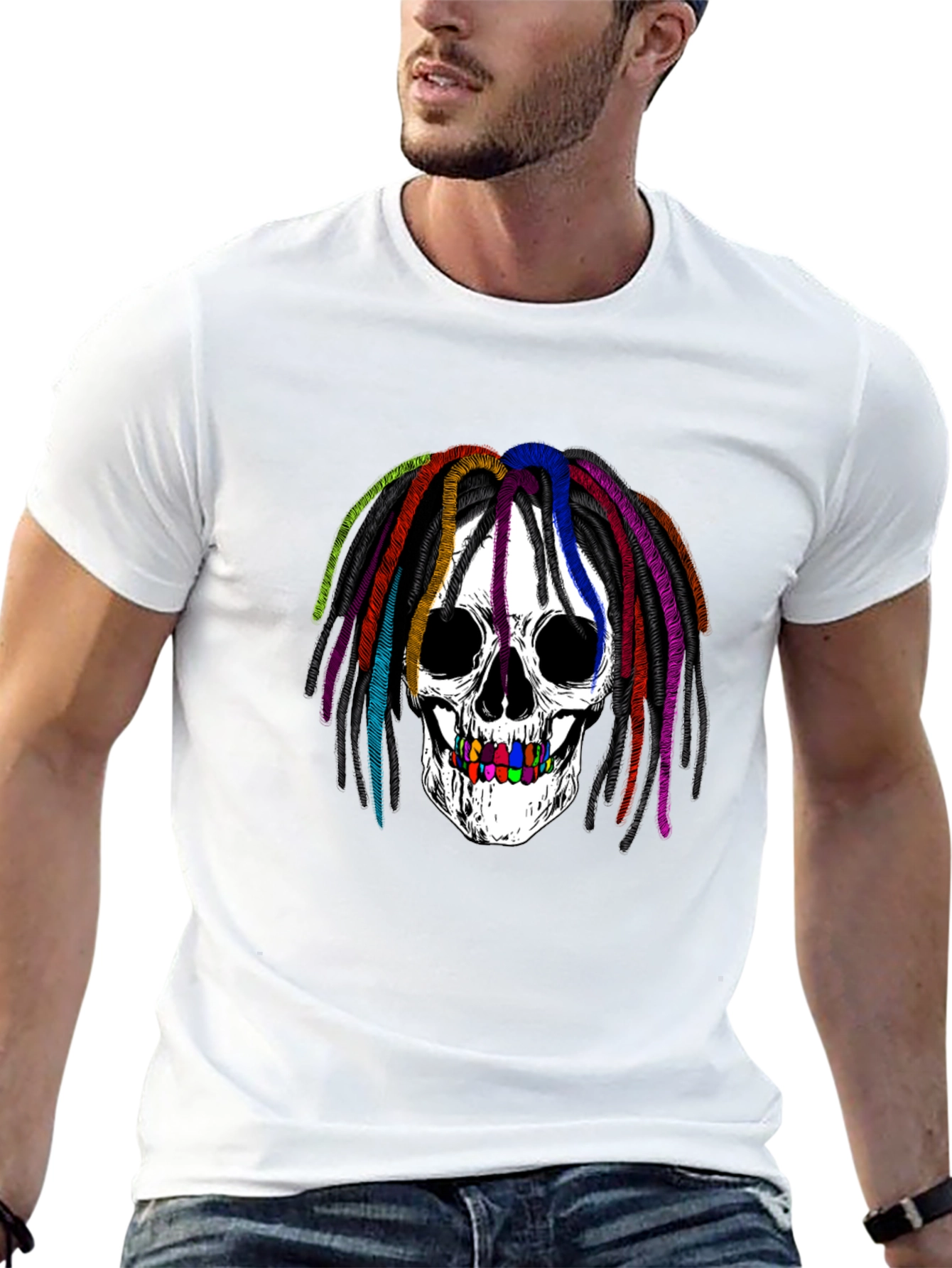 Rainbow Dread Skull Graphic Tee - Black Cotton Shirt