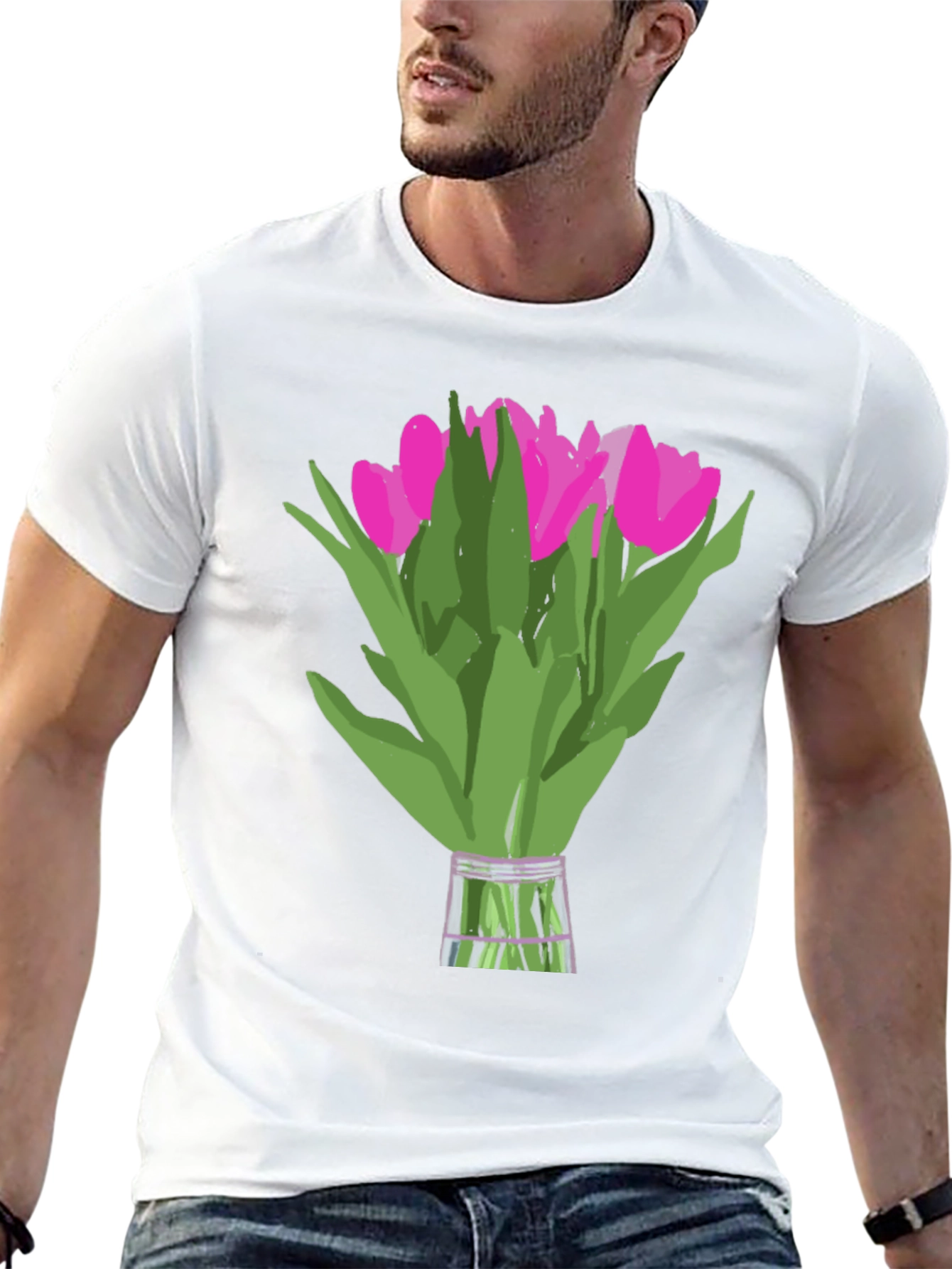 Floral Graphic Tee - Pink Tulips on Black