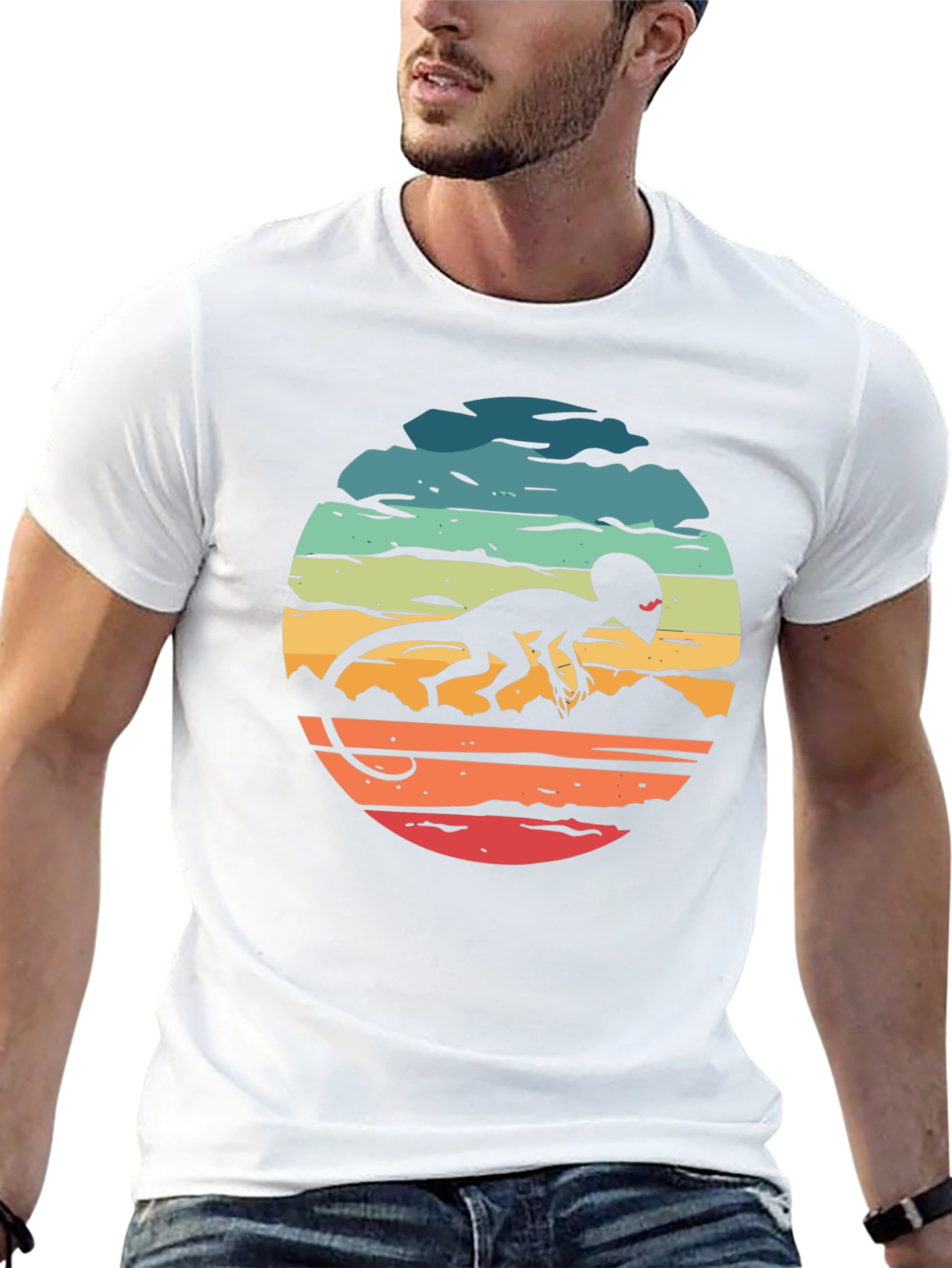 Retro Alien Lizard Sunset Black T-Shirt