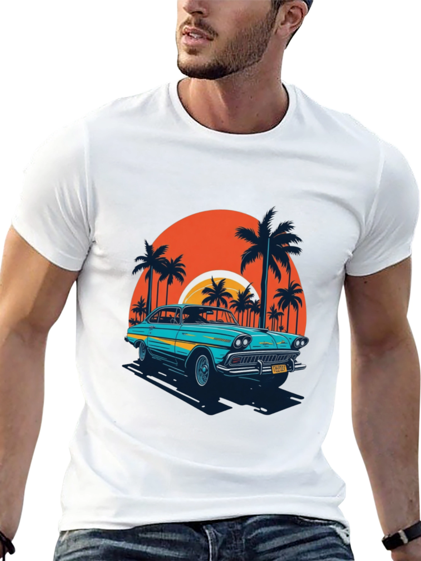 Retro Car T-Shirt - Beach Sunset Design