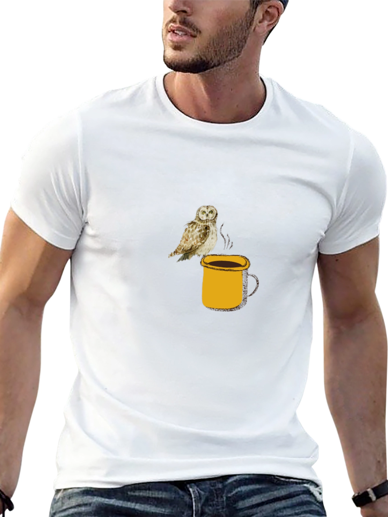 Owl on Coffee Mug Black T-Shirt