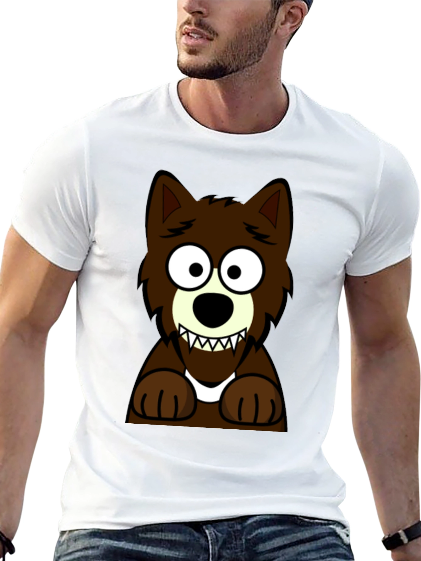 Cartoon Wolf Graphic Tee - Black Cotton T-Shirt