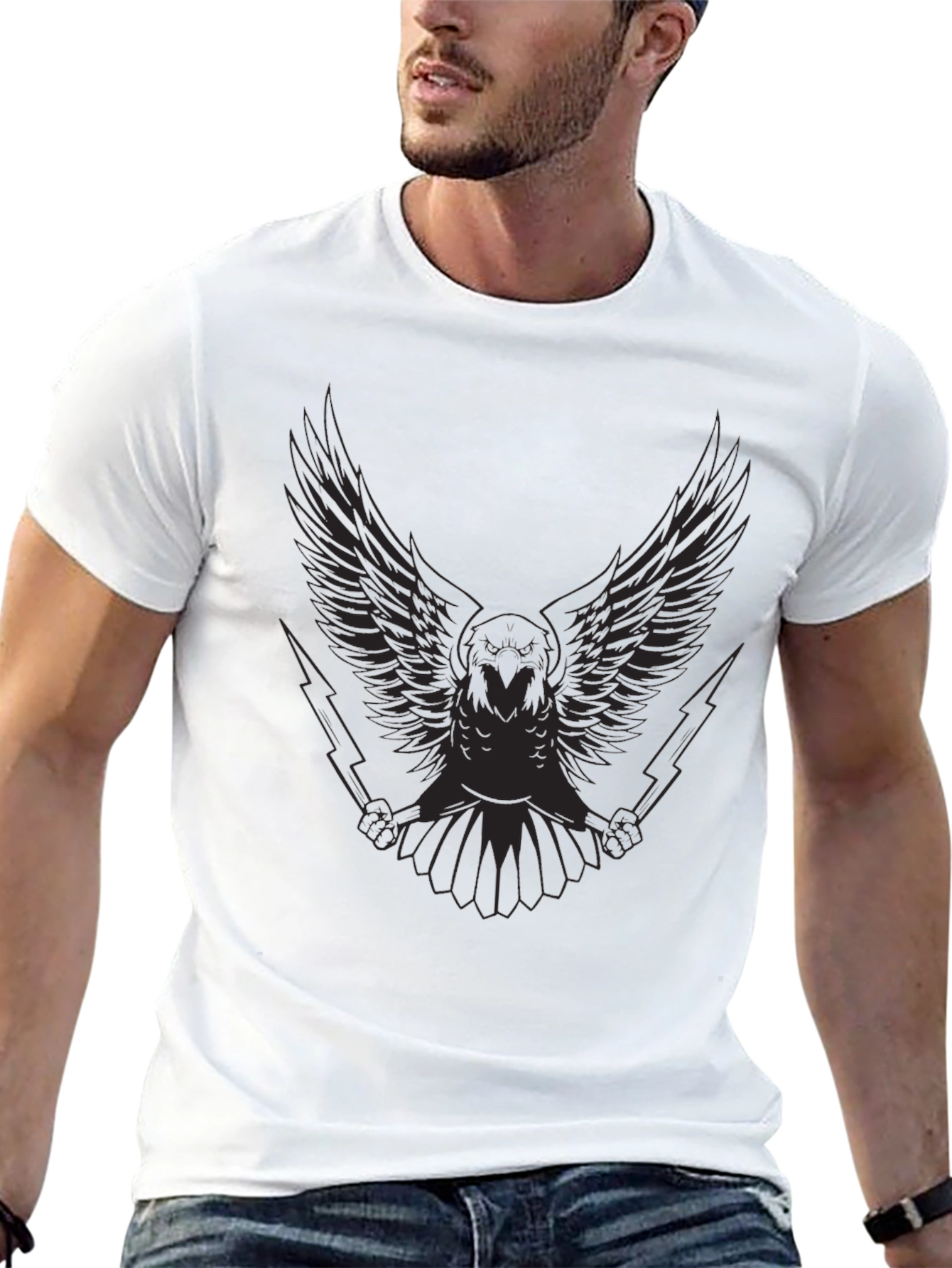 Mens Black Graphic Tee - Winged Owl & Lightning