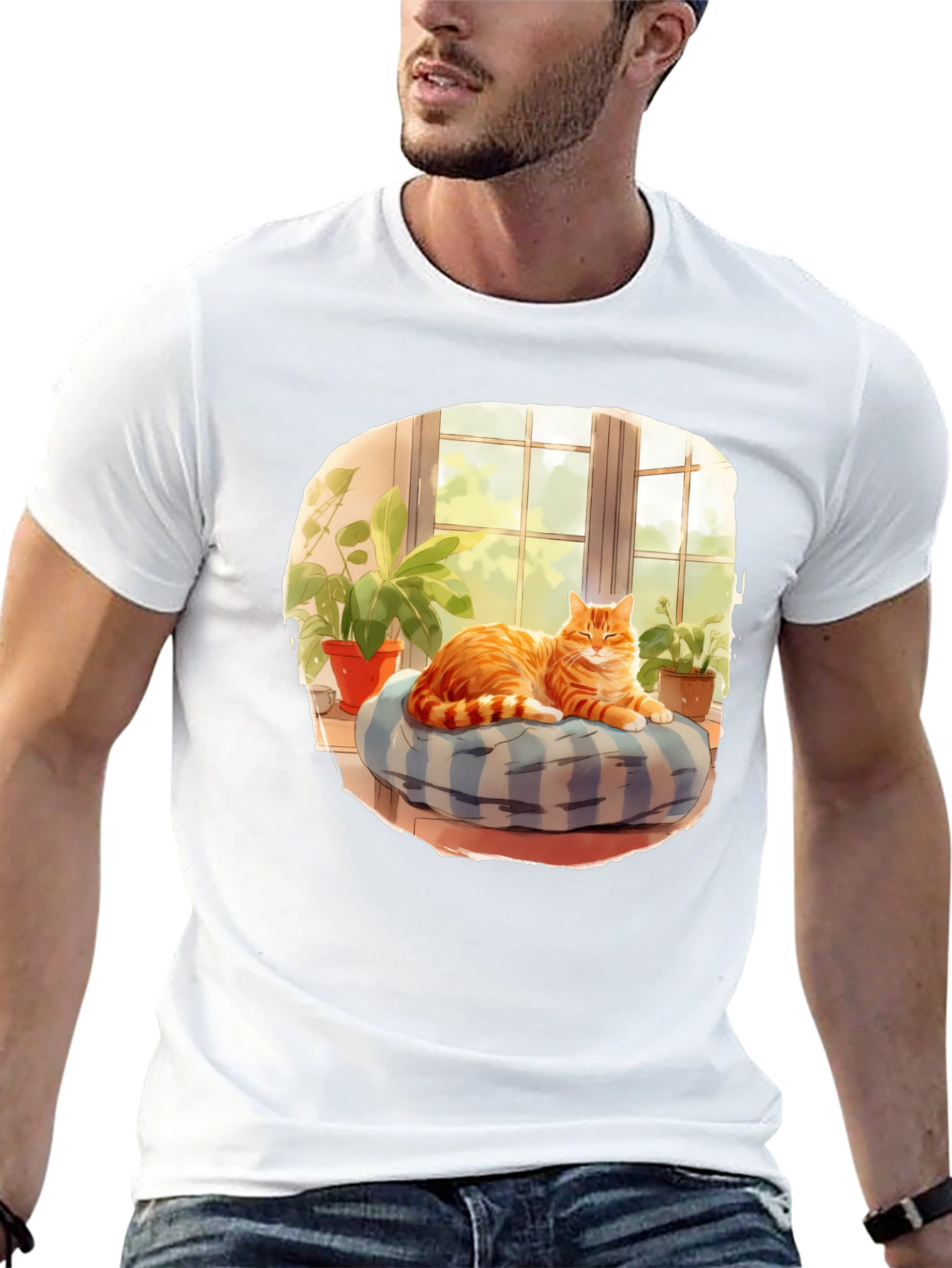 Cozy Cat T-Shirt: Relaxed Feline in Window Design
