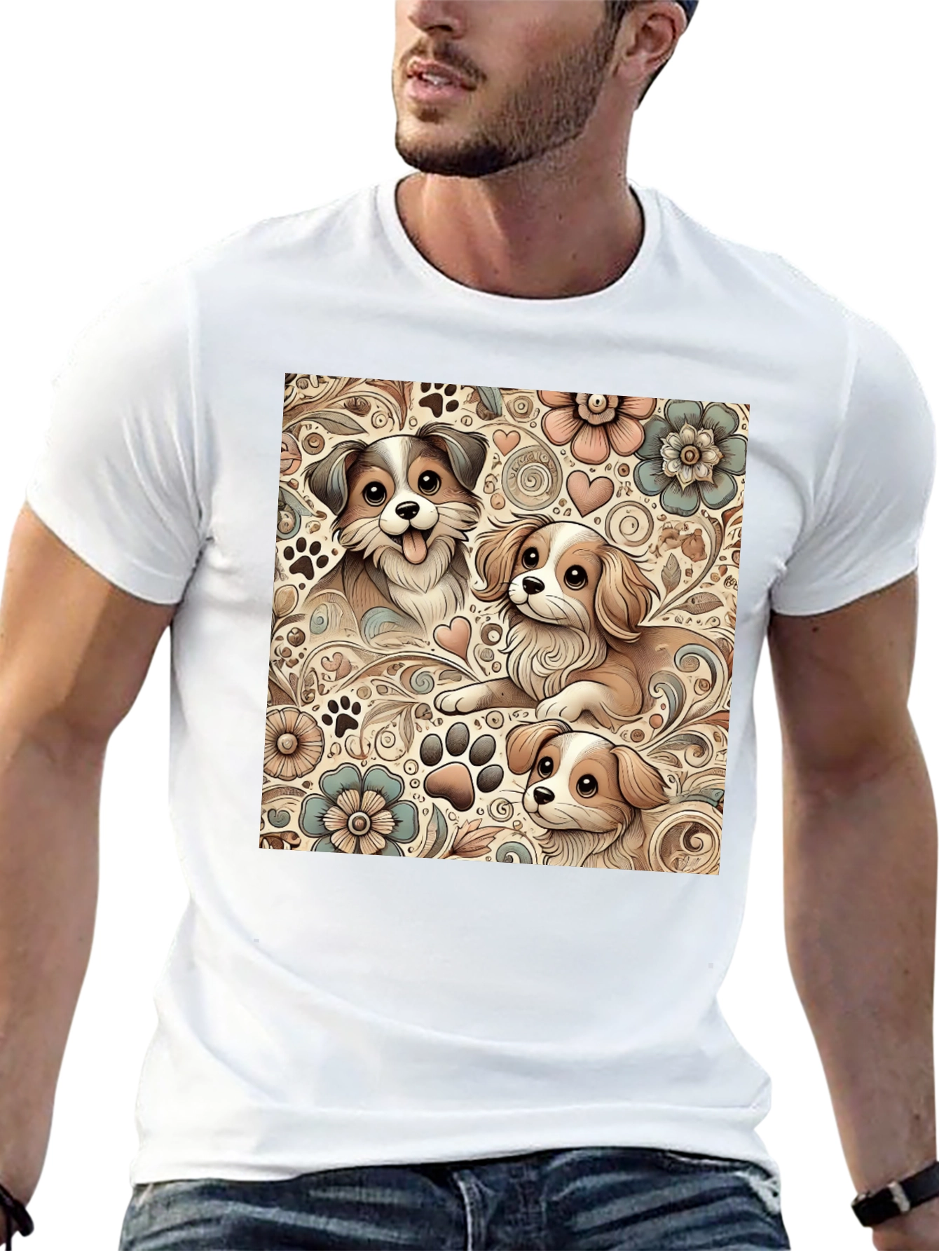 Puppy Floral Pattern Black T-Shirt