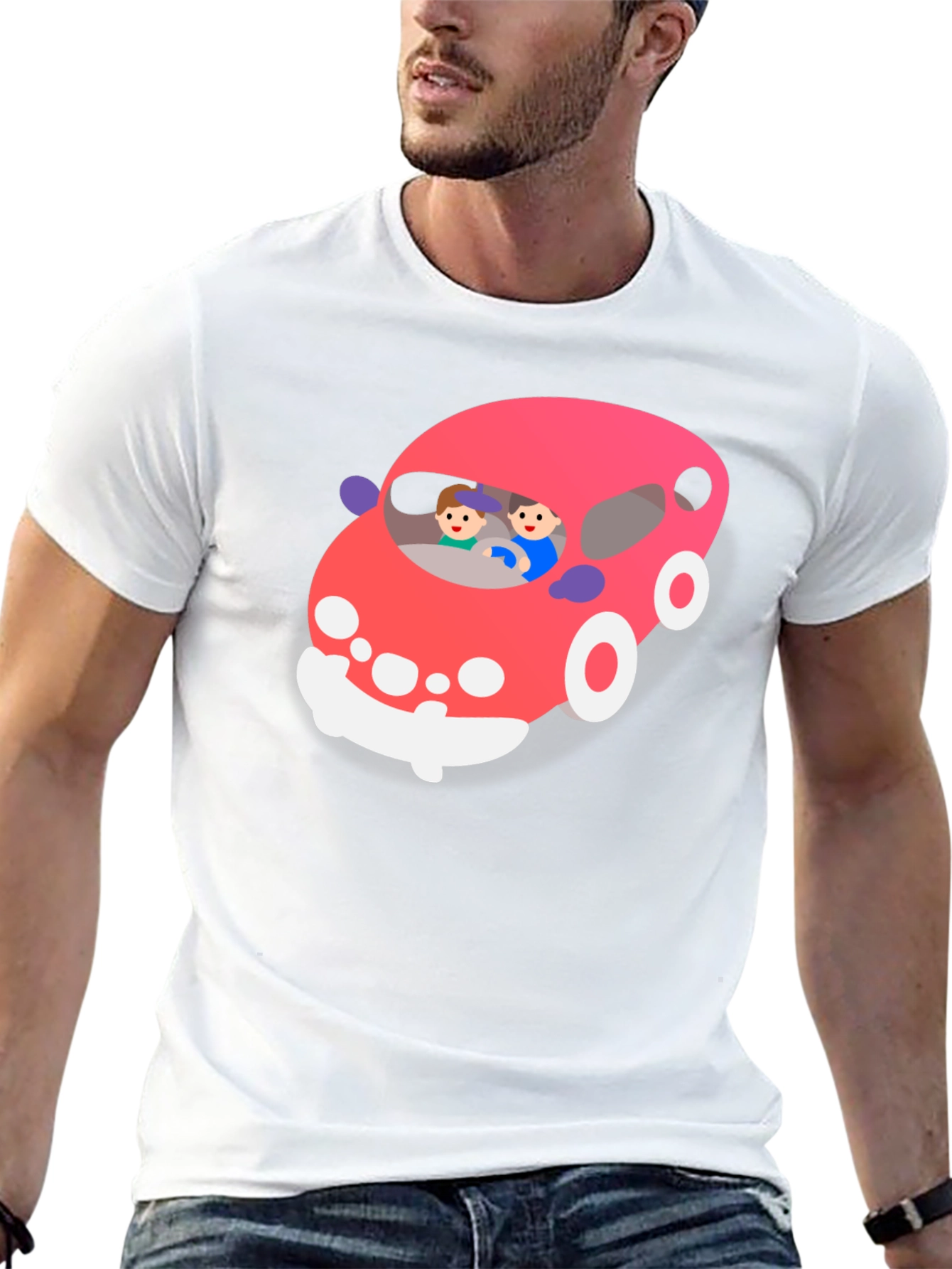 Cartoon Car Graphic T-Shirt - Black Crew Neck Tee