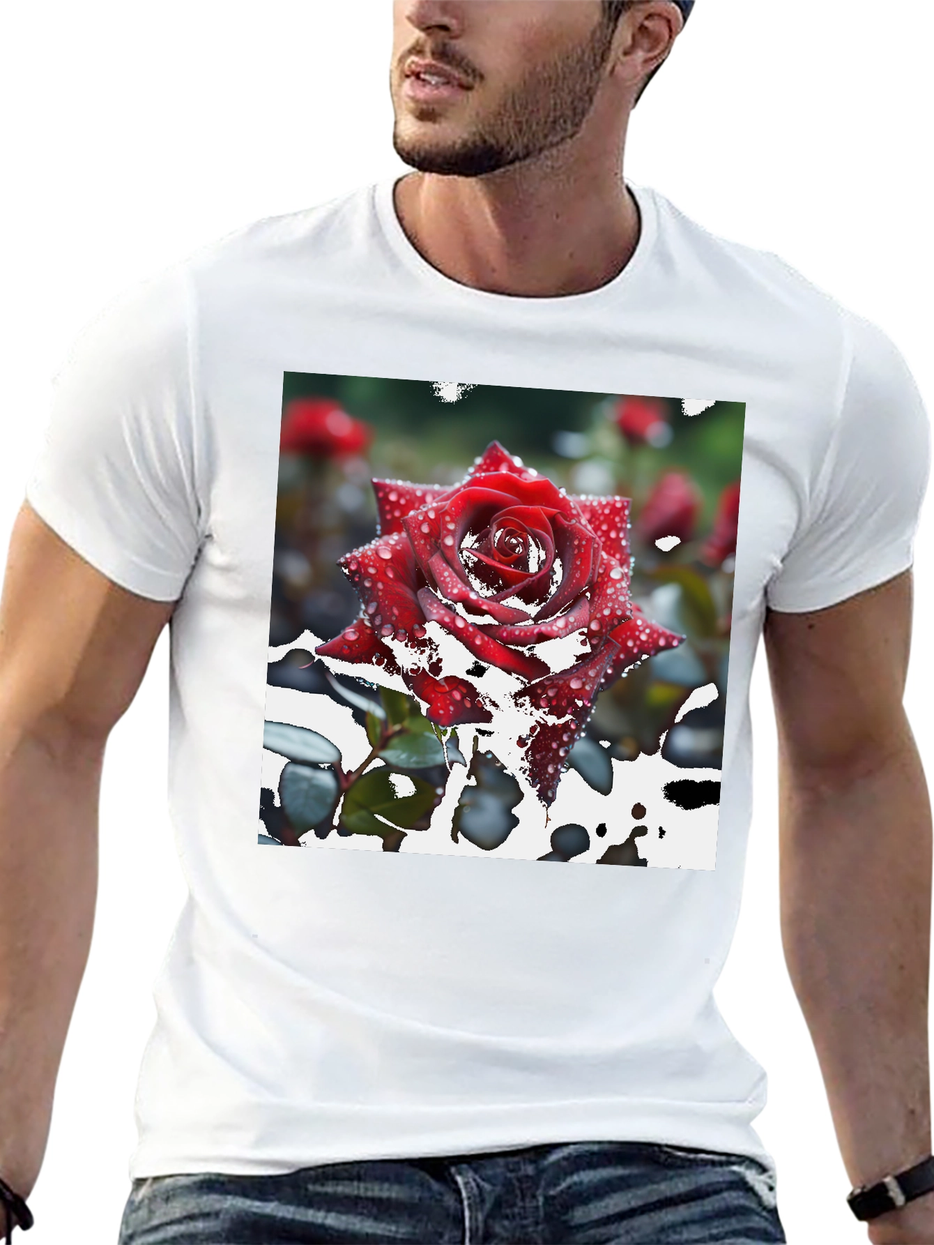 Red Rose on Black T-Shirt