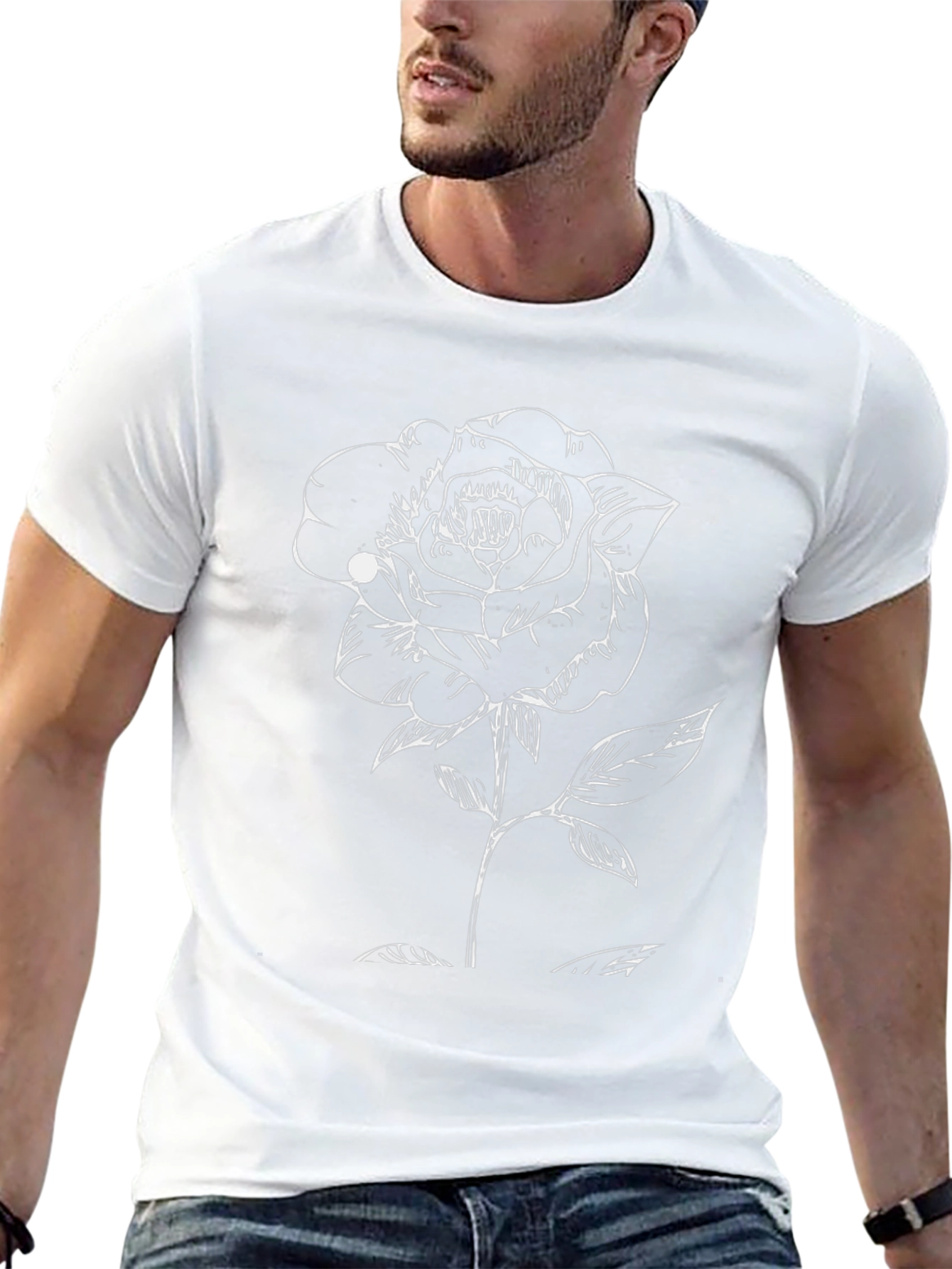Black T-Shirt with White Rose Graphic
