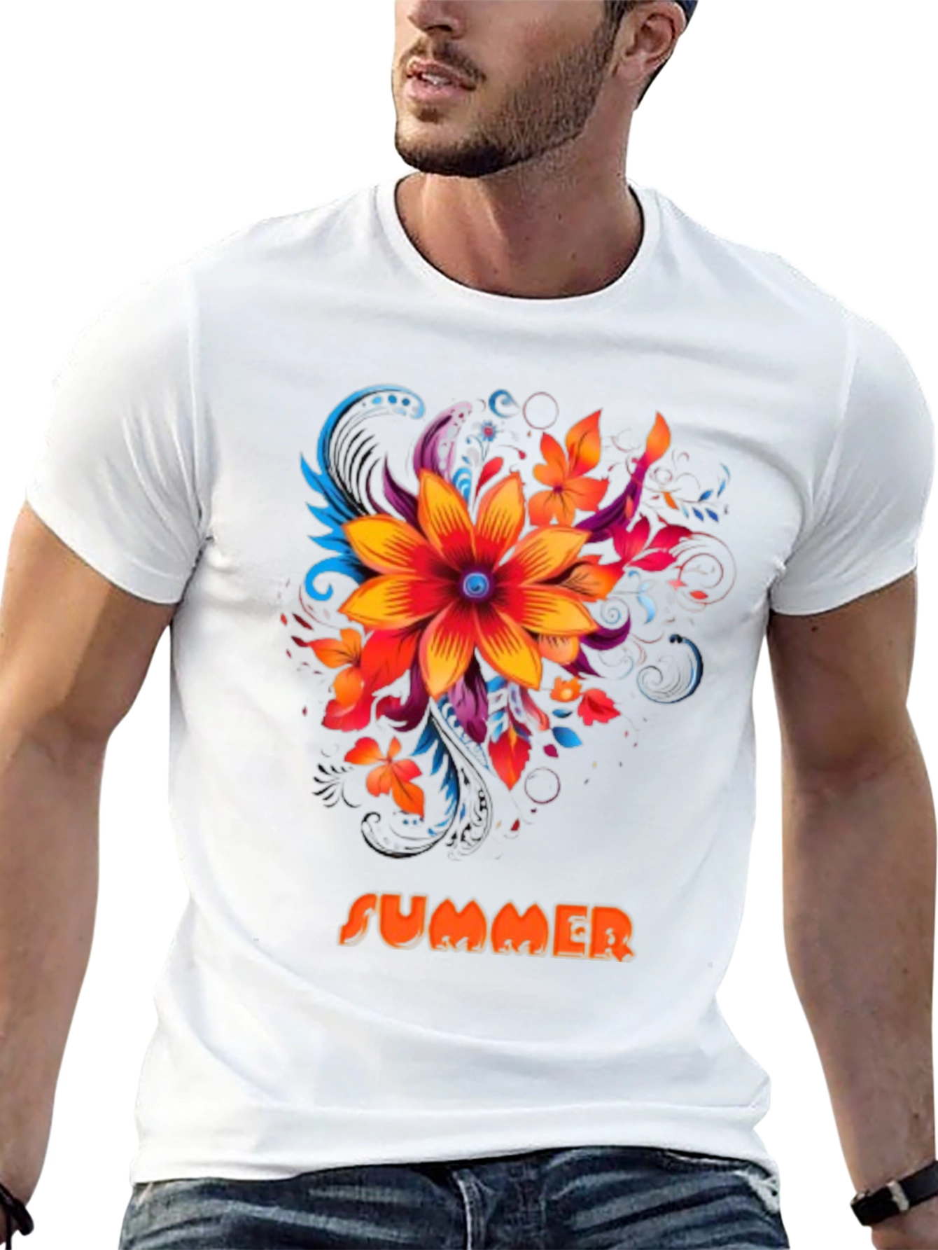 Summer Floral Graphic Print Mens Black T-Shirt