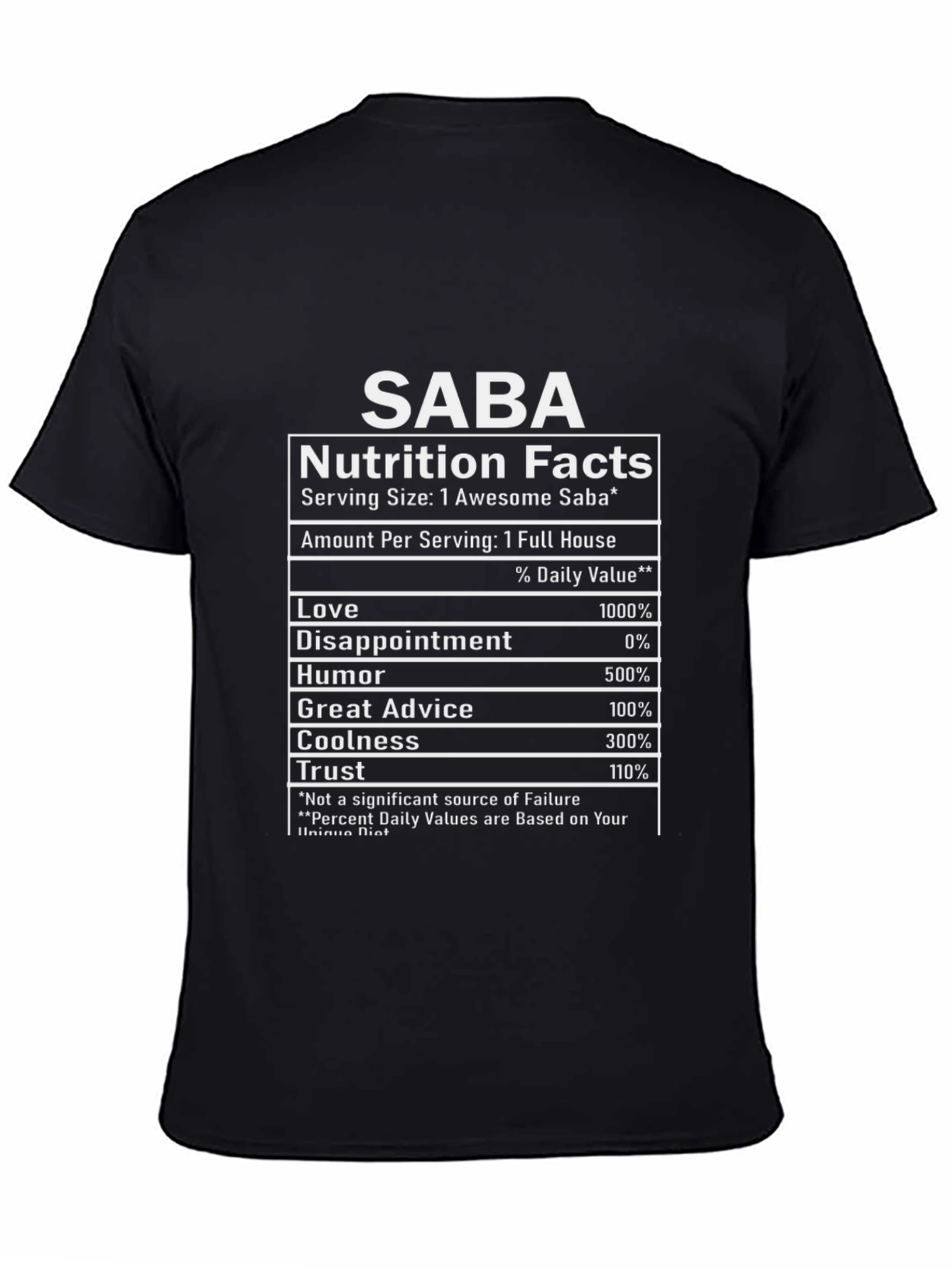 SABA Nutrition Facts Funny Graphic T-Shirt