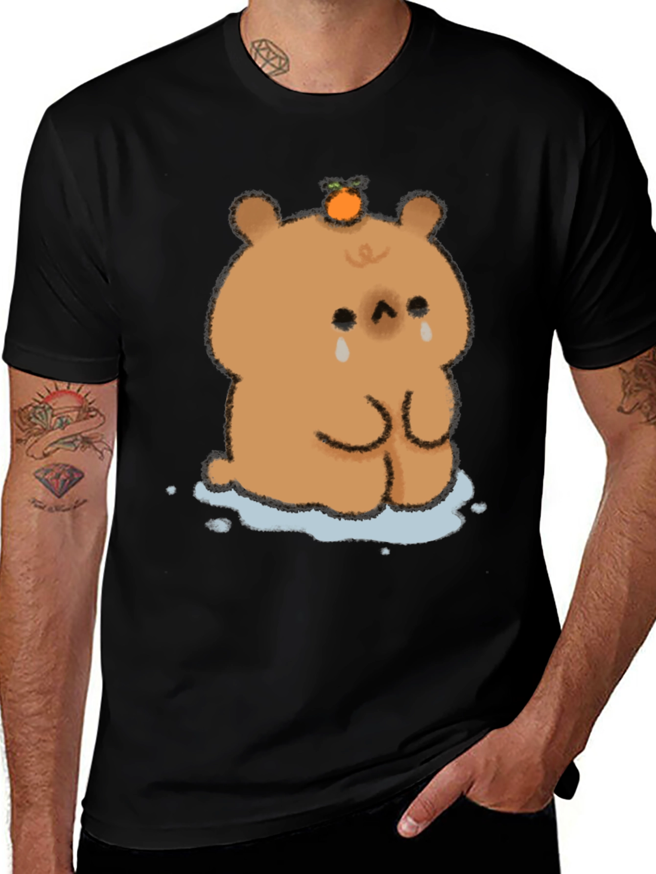 Sad Bear Orange Head Black T-Shirt