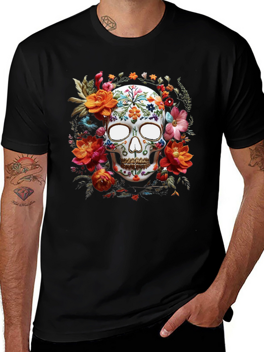 Floral Skull Graphic Tee - Day of the Dead Style