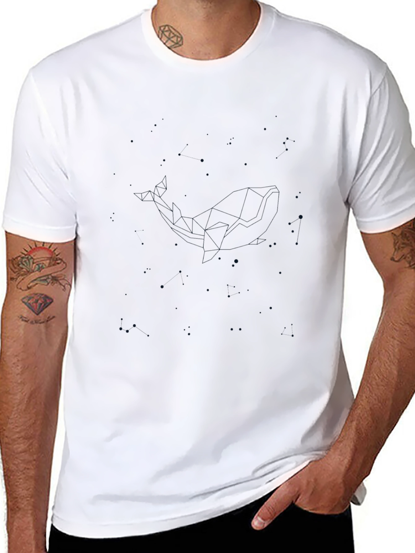 Mens Black Graphic Tee - Geometric Whale Design