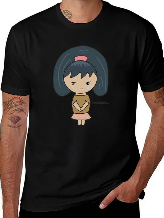 Sad Anime Girl Graphic Tee - Black Cotton Comfort