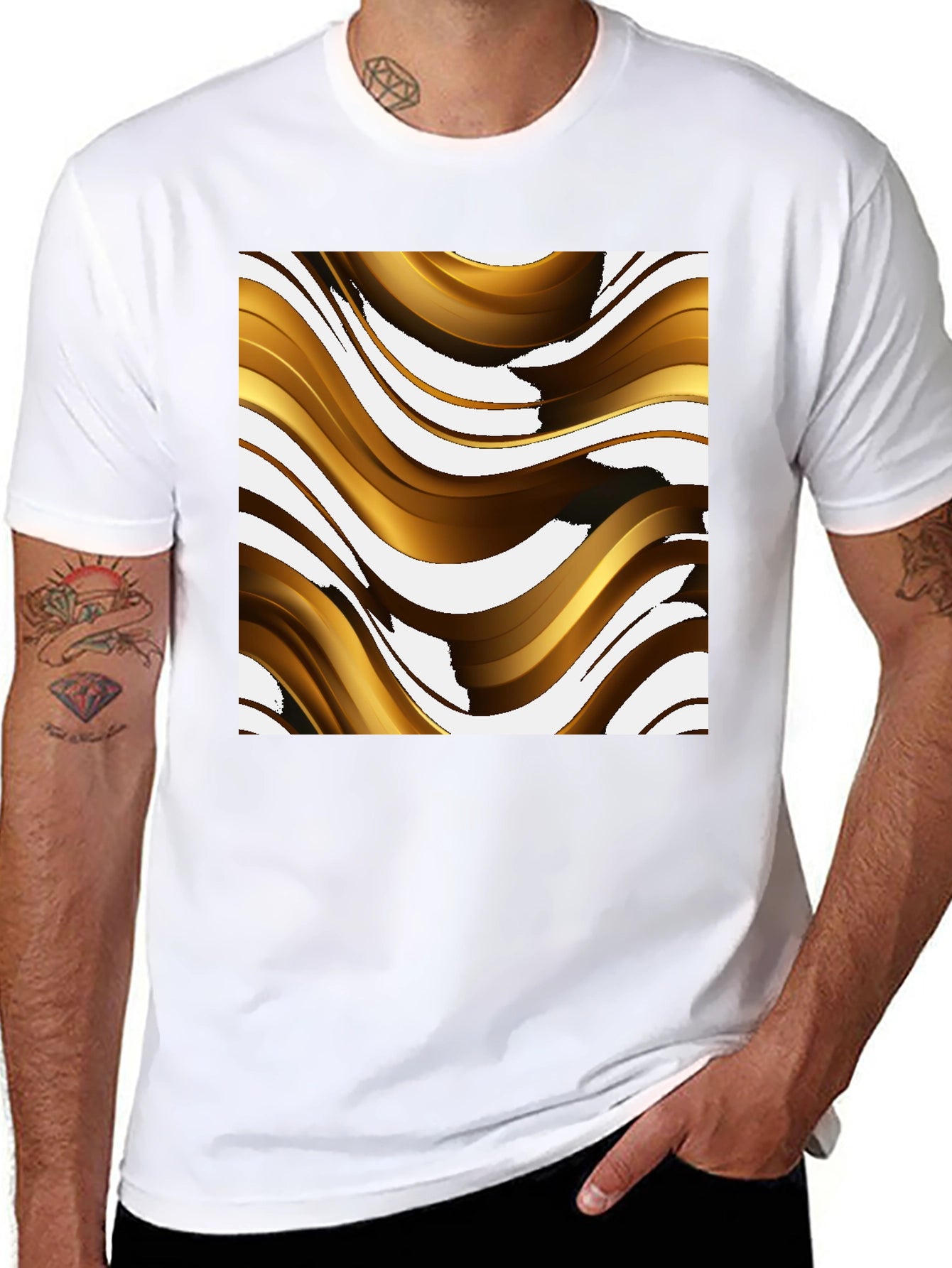 Abstract Gold Wave Graphic Tee - Modern Design