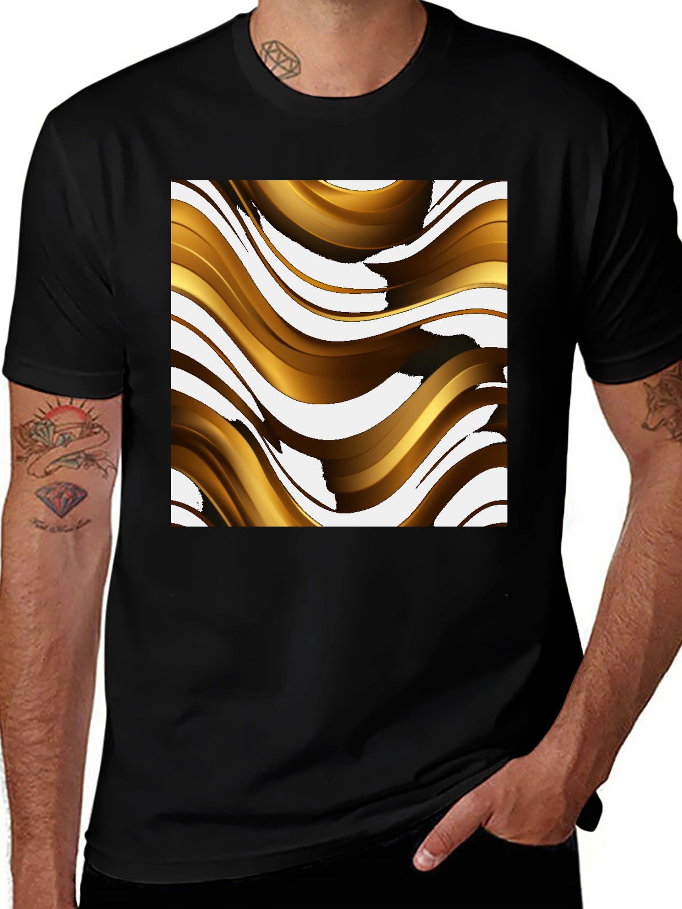 Abstract Gold Wave Graphic Tee - Modern Design