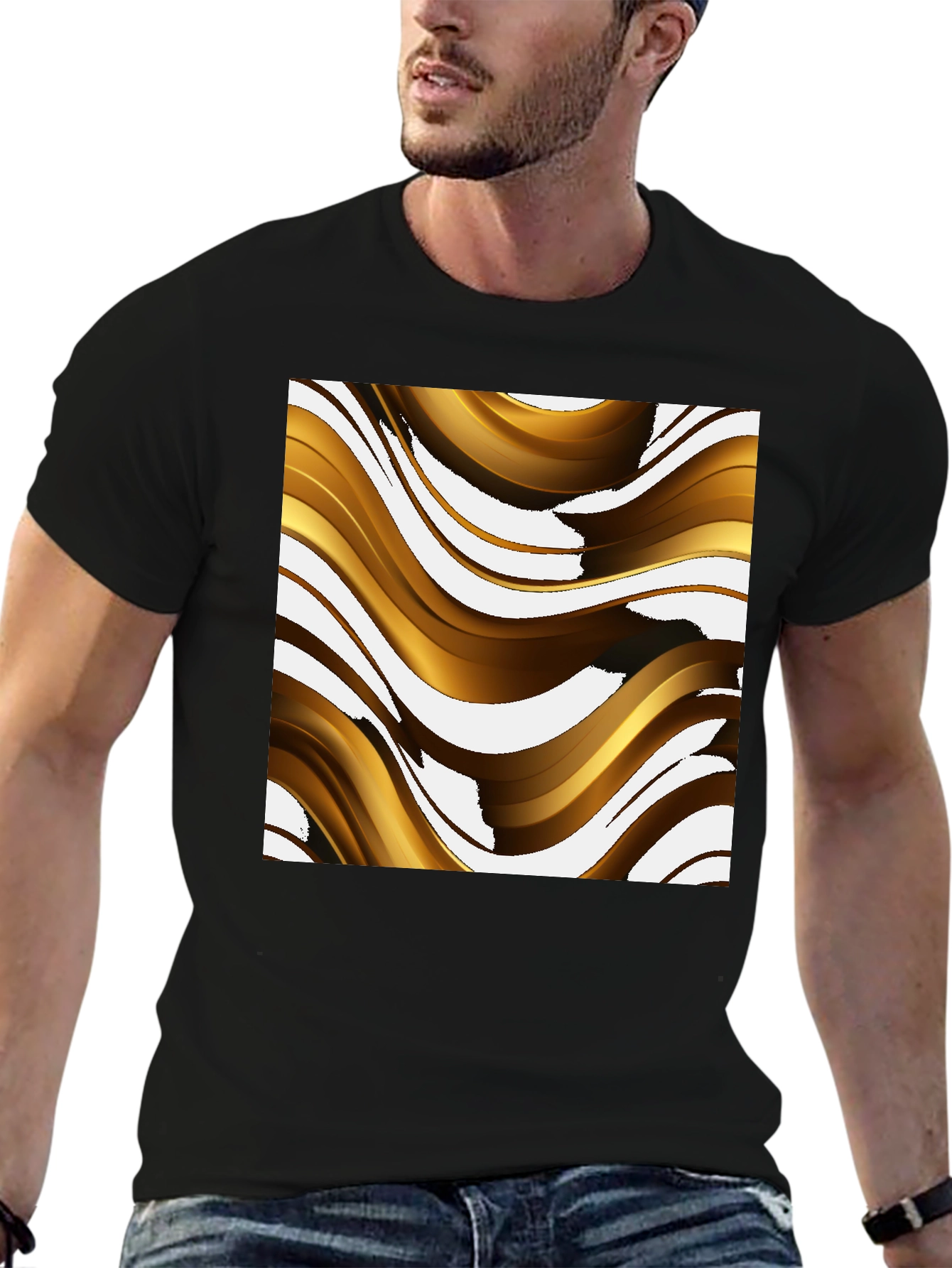 Abstract Gold Wave Graphic Tee - Modern Design
