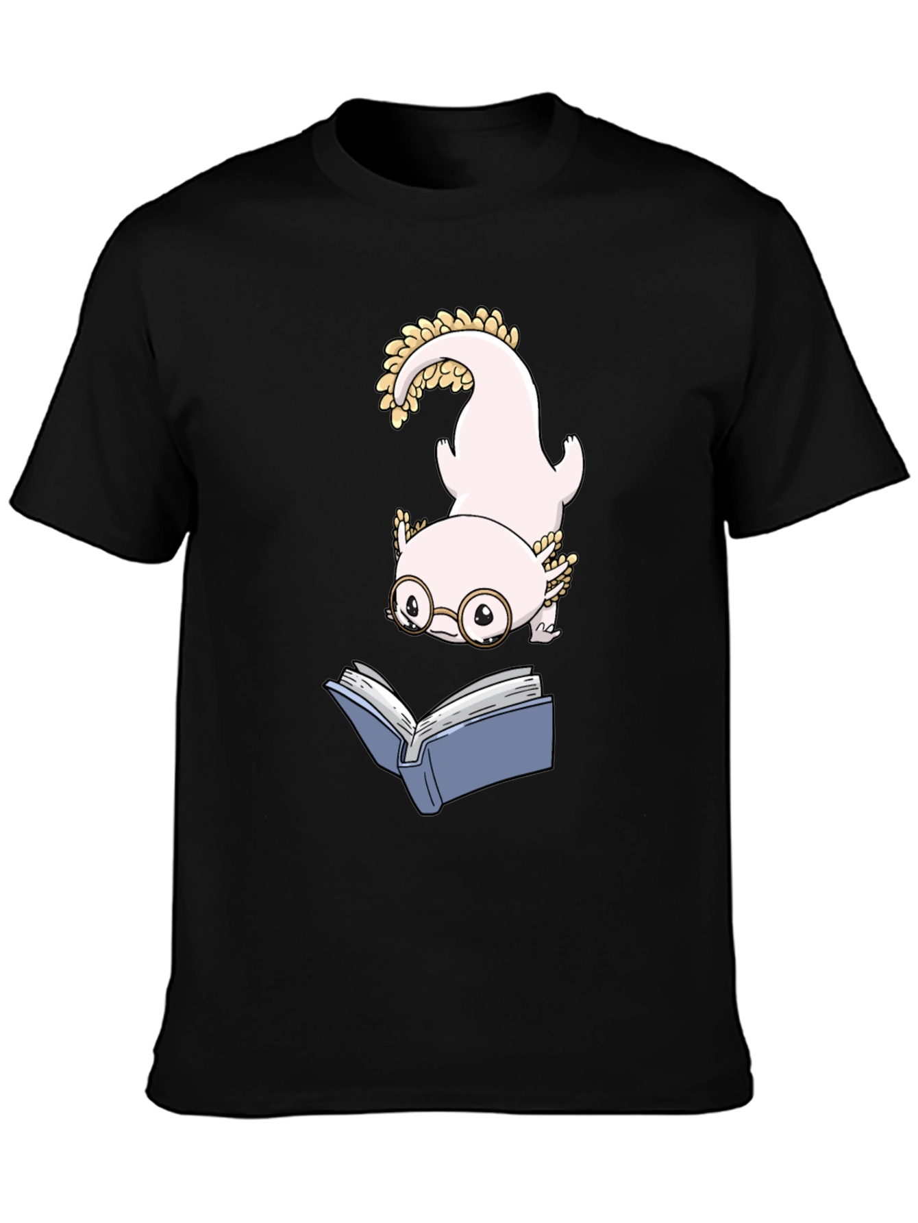 Axolotl Reading Book Black T-Shirt