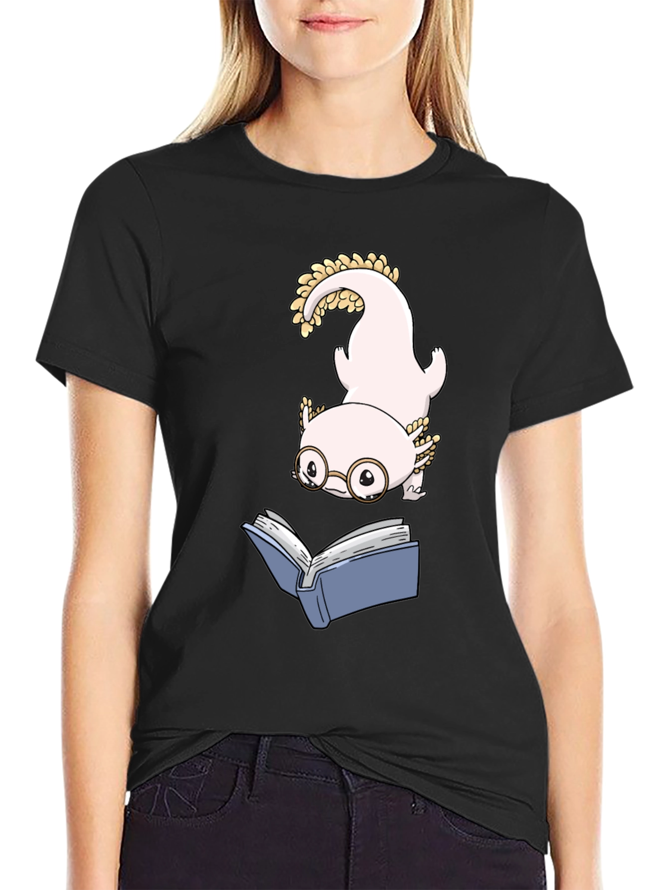 Axolotl Reading Book Black T-Shirt