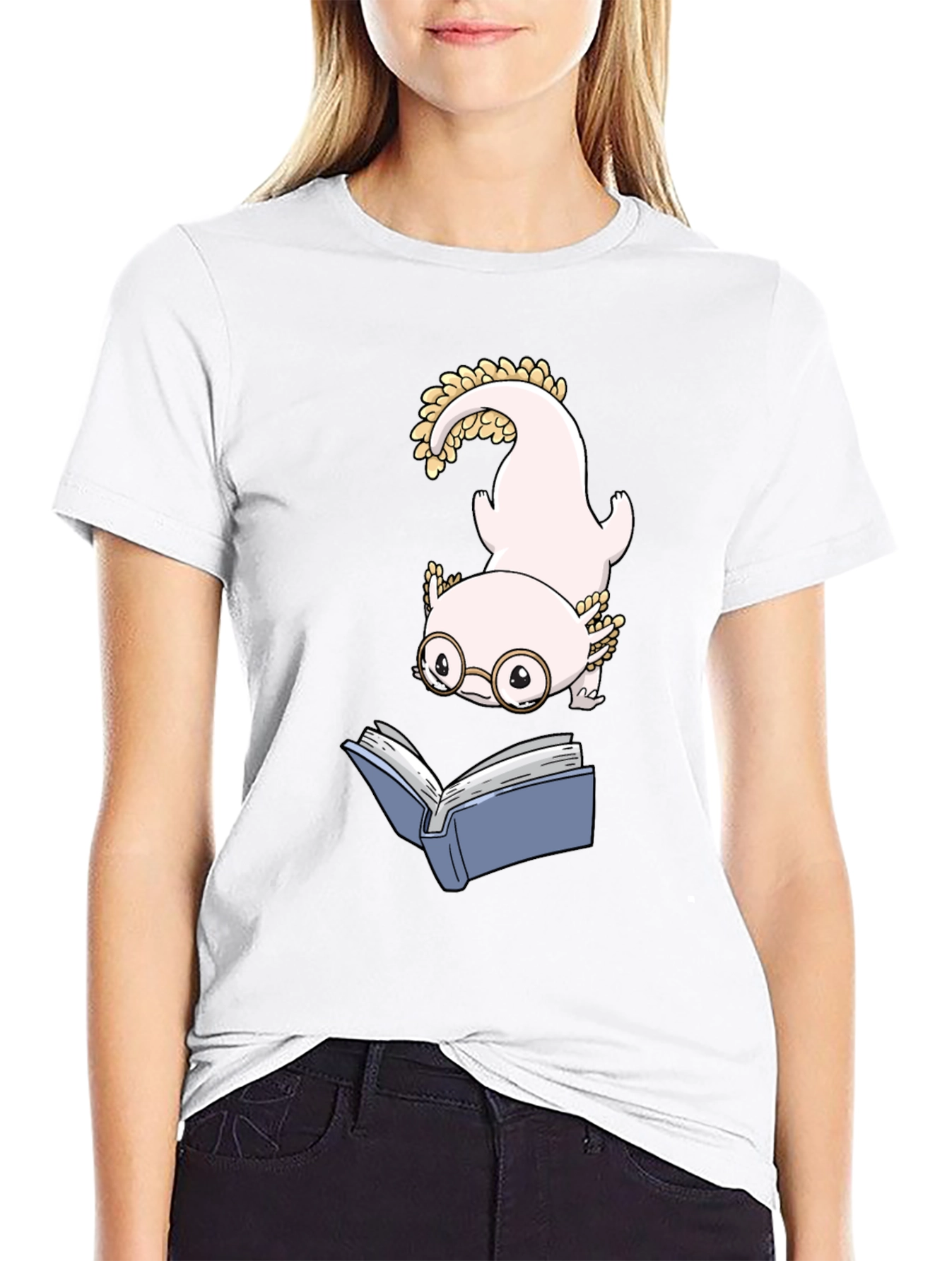 Axolotl Reading Book Black T-Shirt