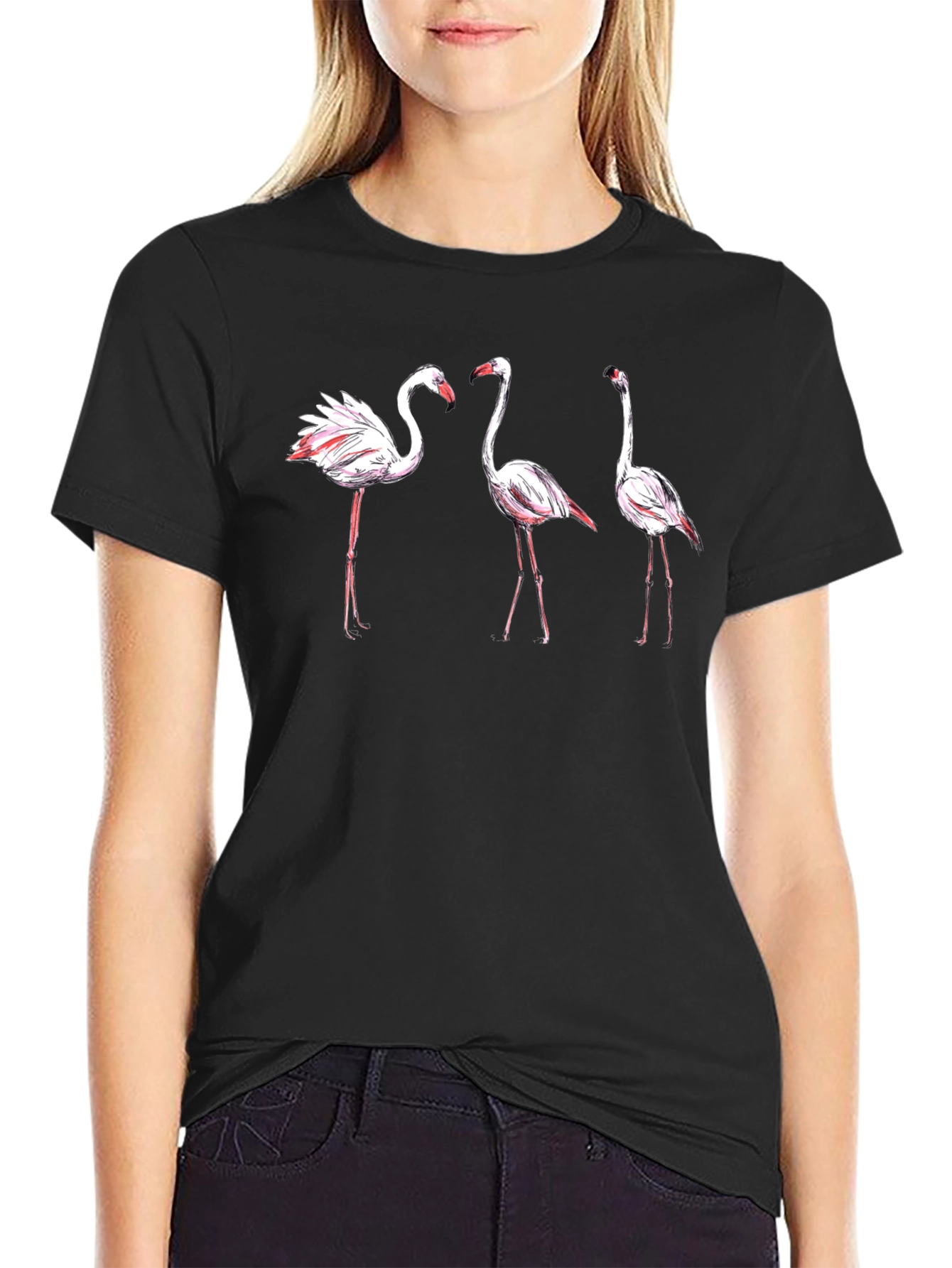 Flamingo Print Black T-Shirt