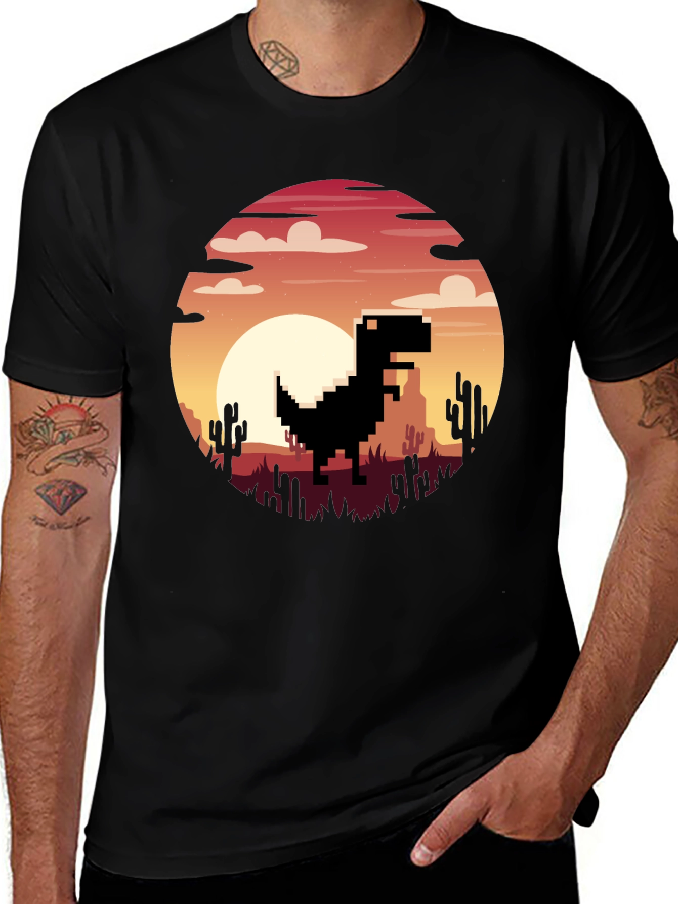 Pixel Dinosaur Sunset Graphic T-Shirt