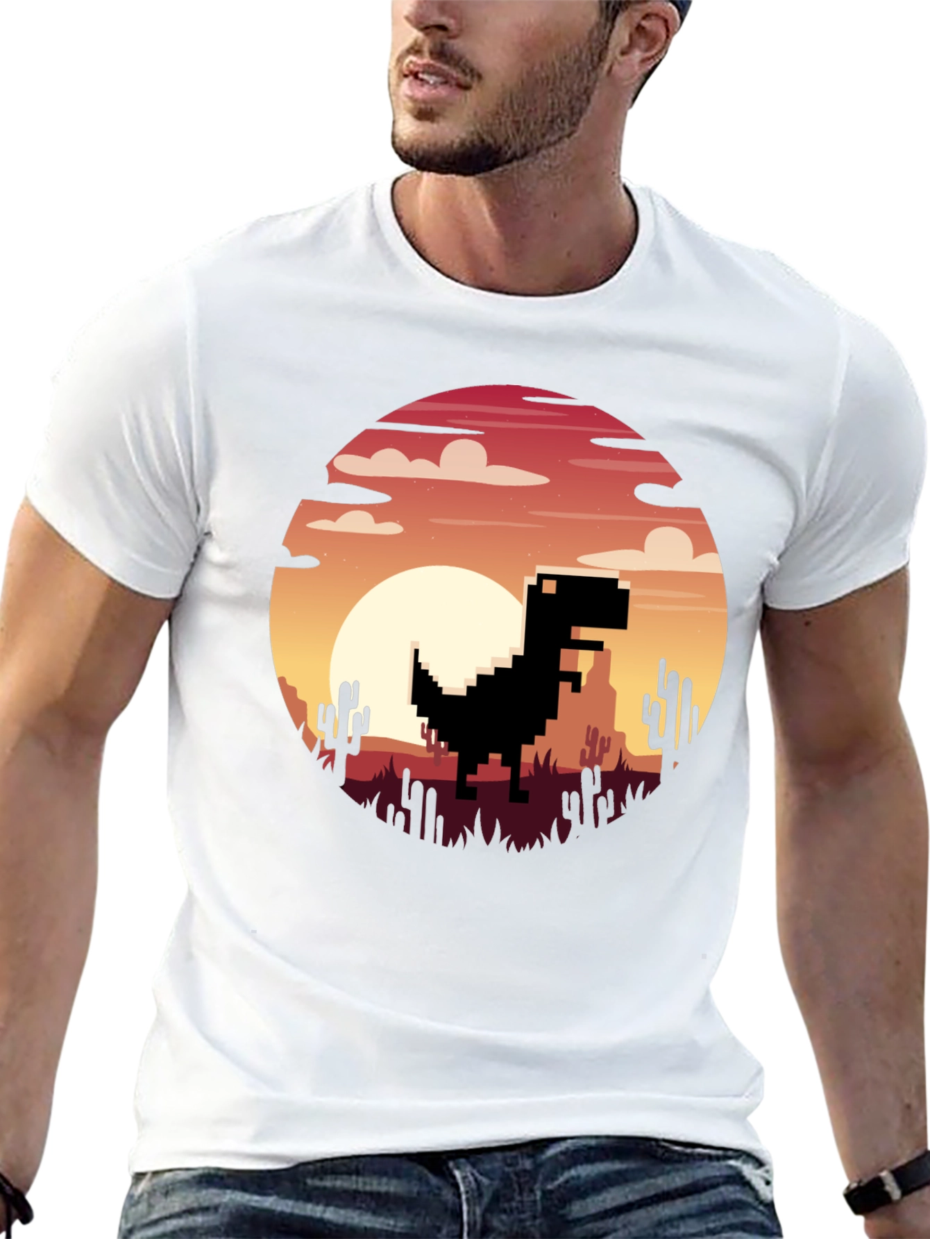 Pixel Dinosaur Sunset Graphic T-Shirt