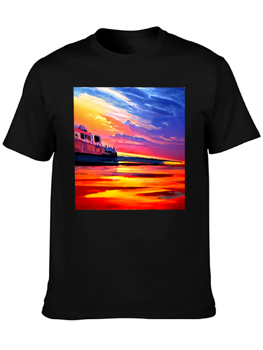 Sunset Boat Graphic Tee - Vivid Colors Soft Cotton