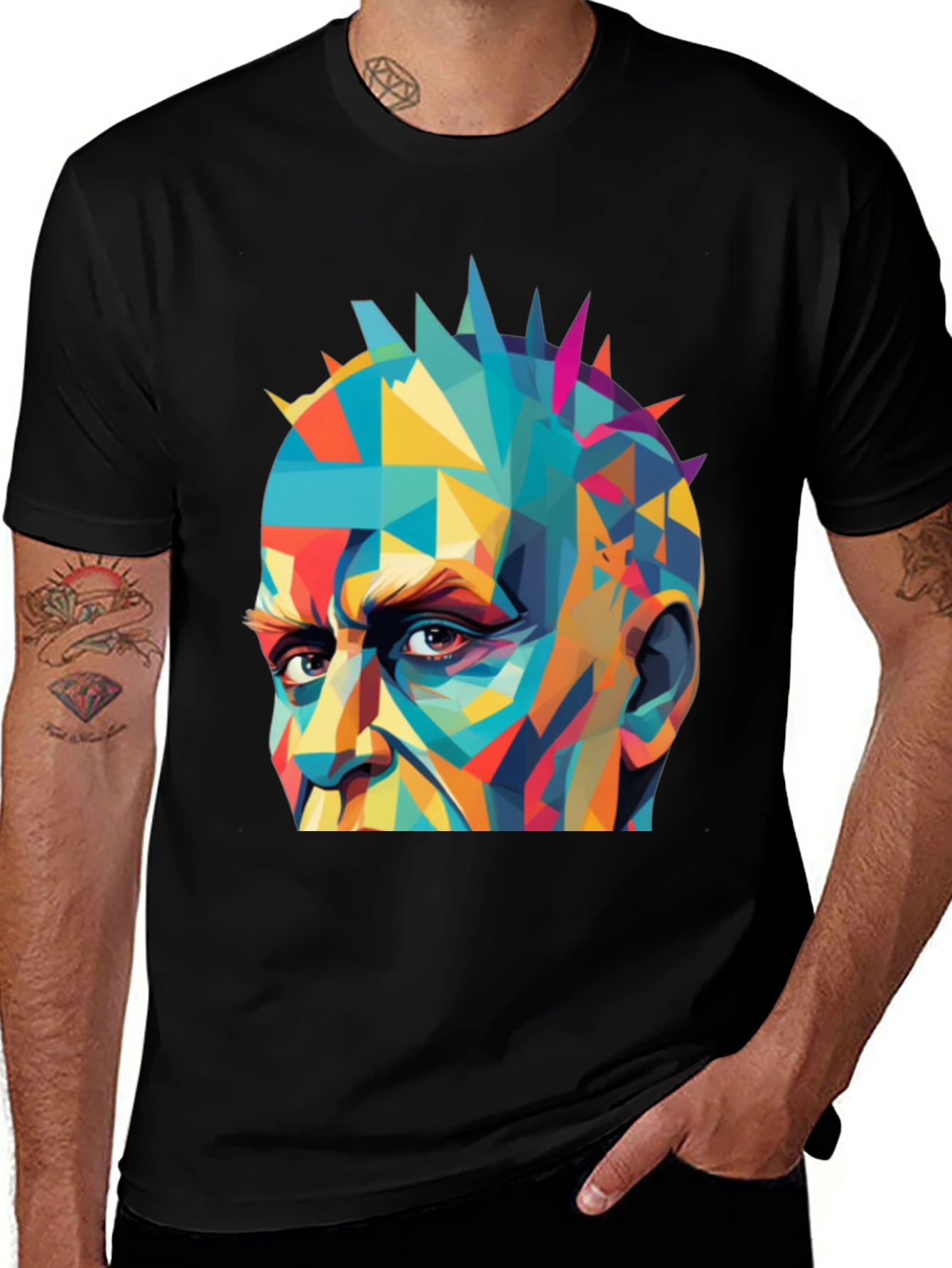 Abstract Geometric Face Graphic Black T-Shirt