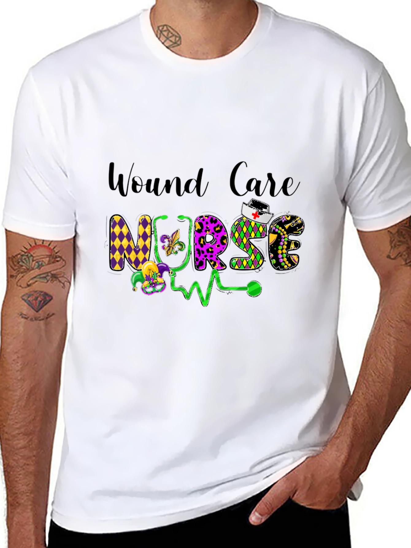 Wound Care Nurse T-Shirt Mardi Gras Design