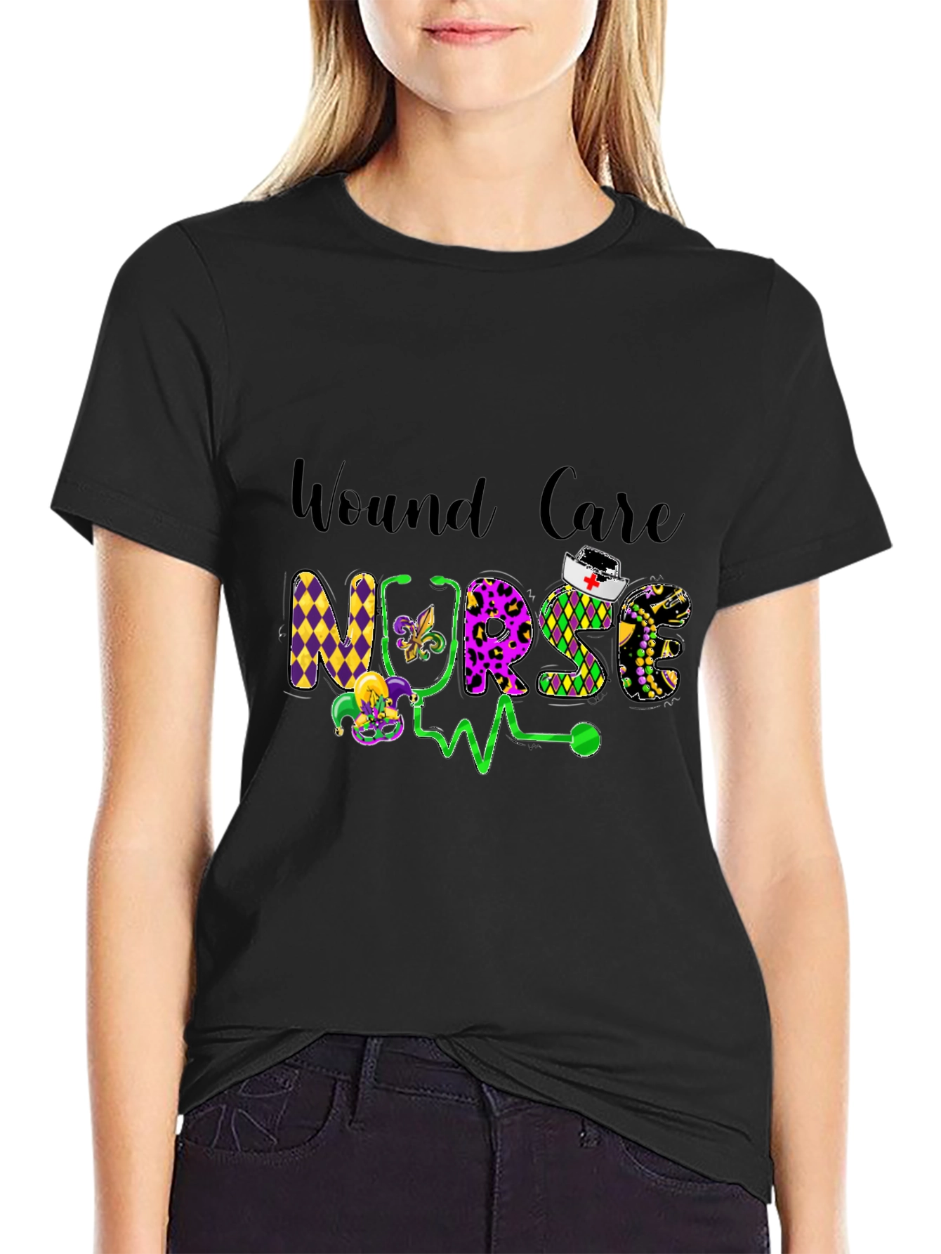 Wound Care Nurse T-Shirt Mardi Gras Design