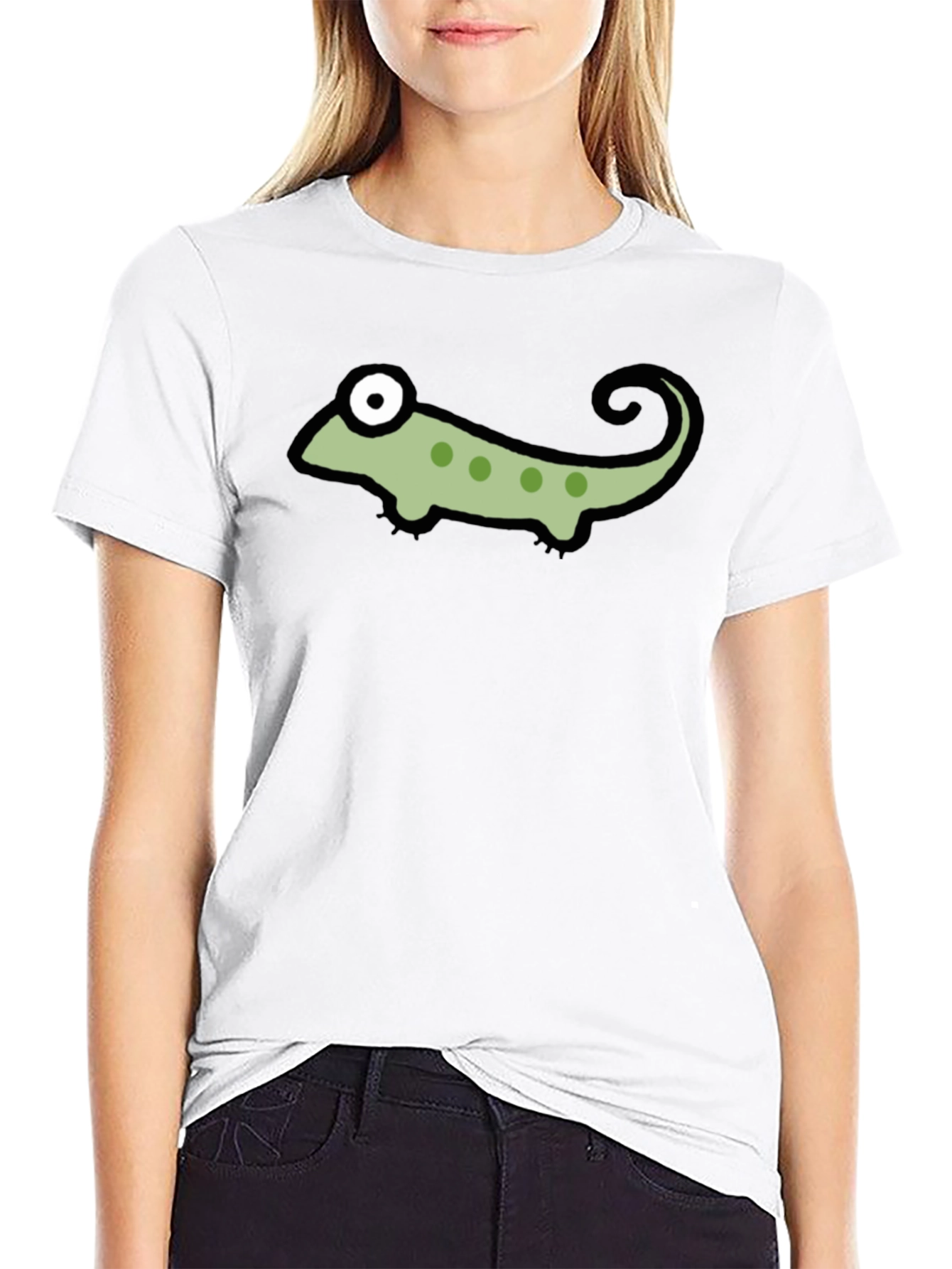 Black T-Shirt with Cartoon Chameleon Graphic