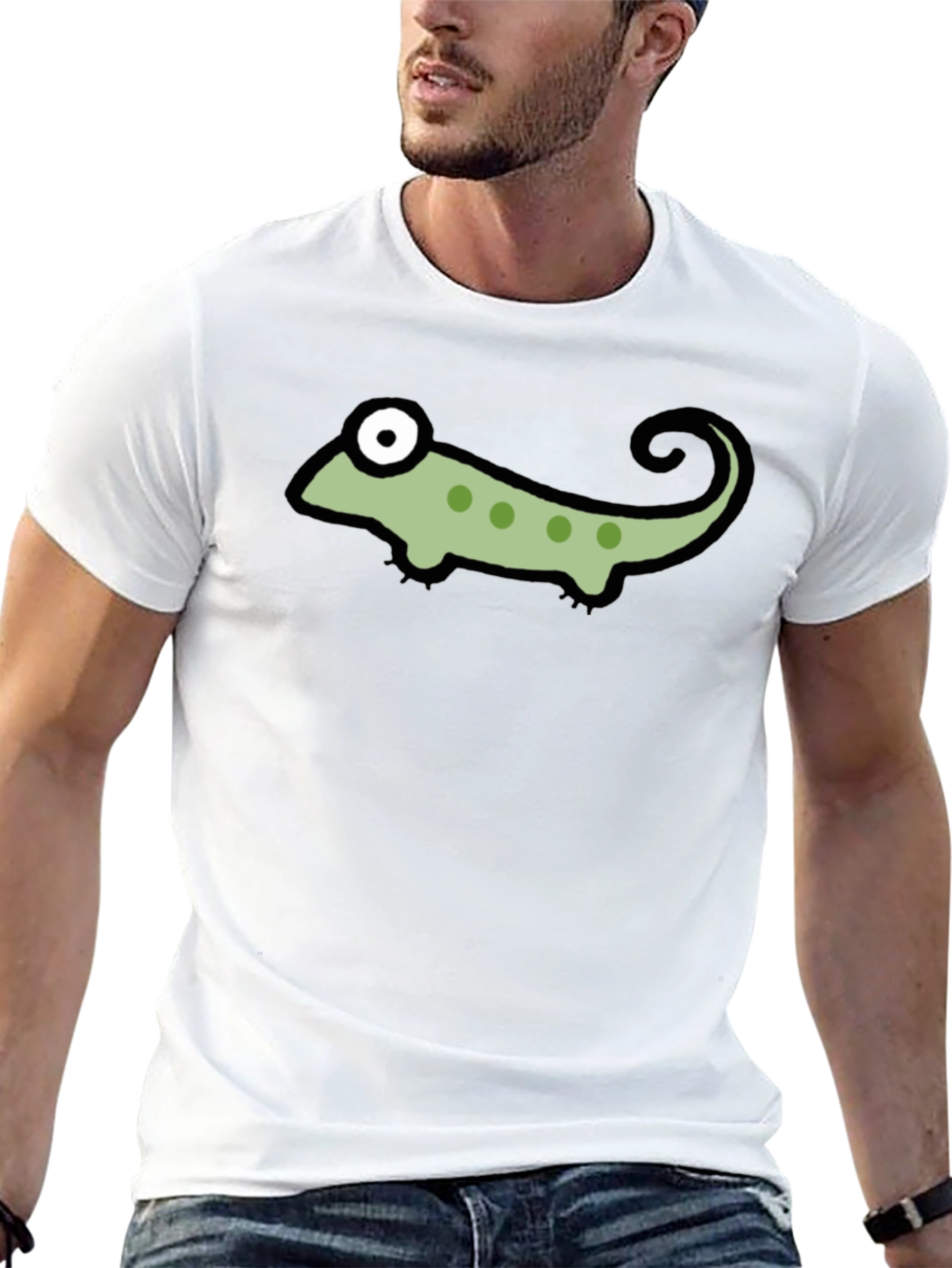 Black T-Shirt with Cartoon Chameleon Graphic