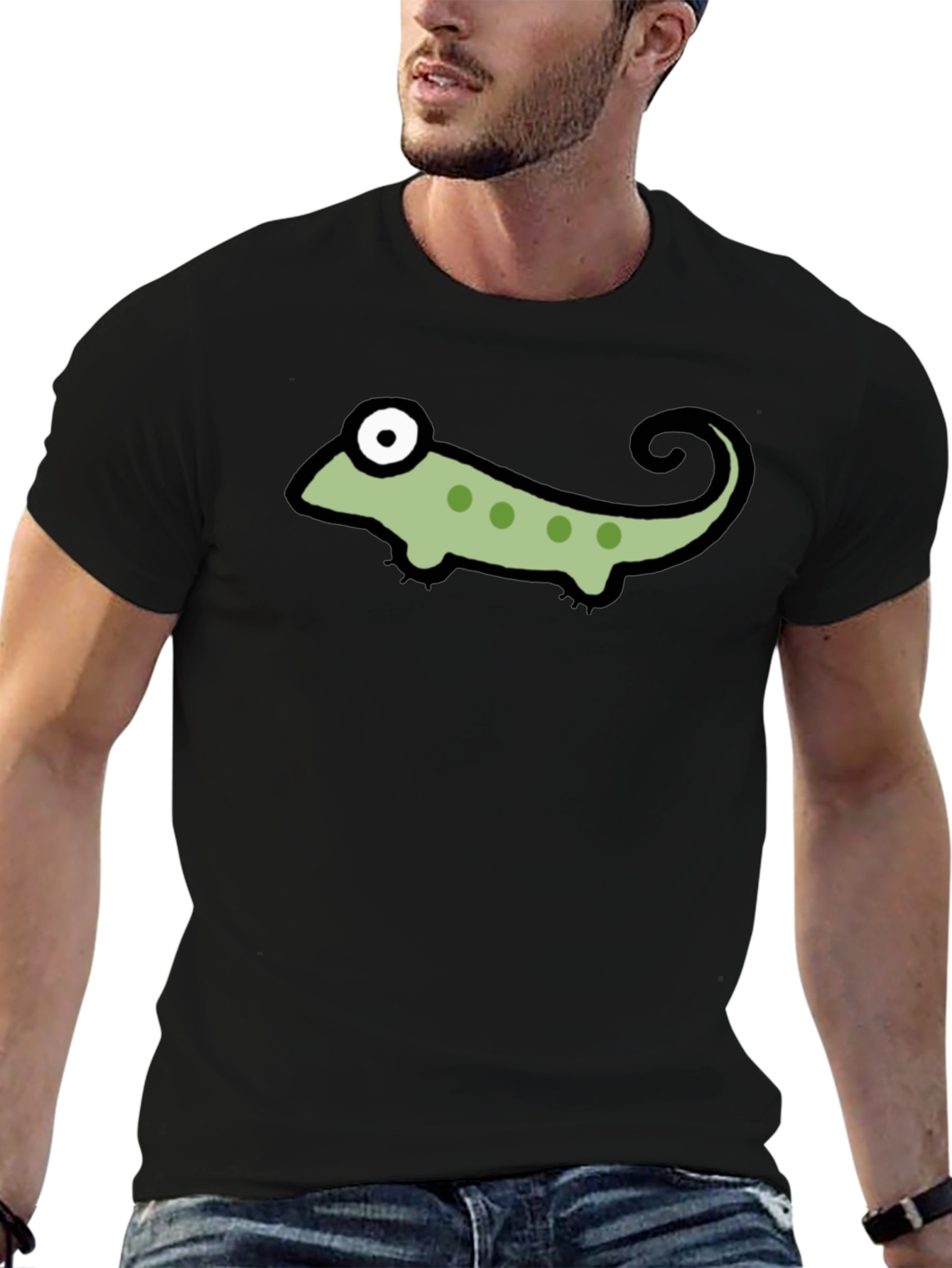 Black T-Shirt with Cartoon Chameleon Graphic