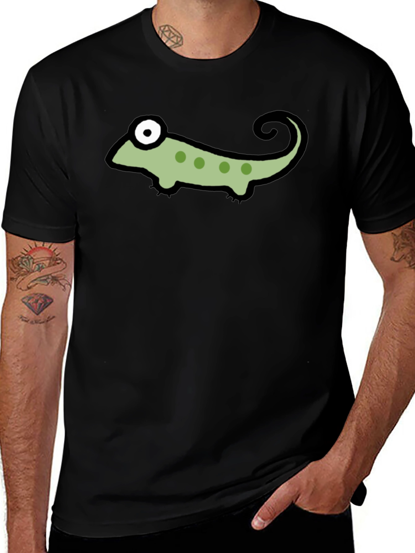 Black T-Shirt with Cartoon Chameleon Graphic