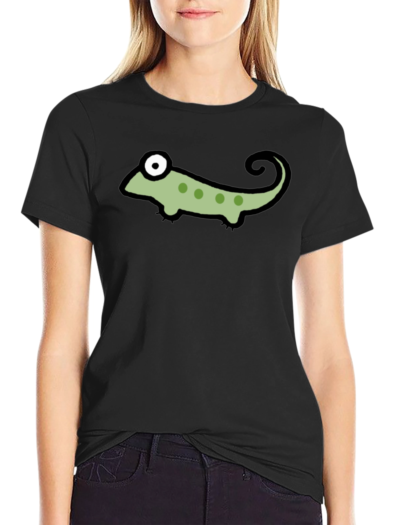 Black T-Shirt with Cartoon Chameleon Graphic