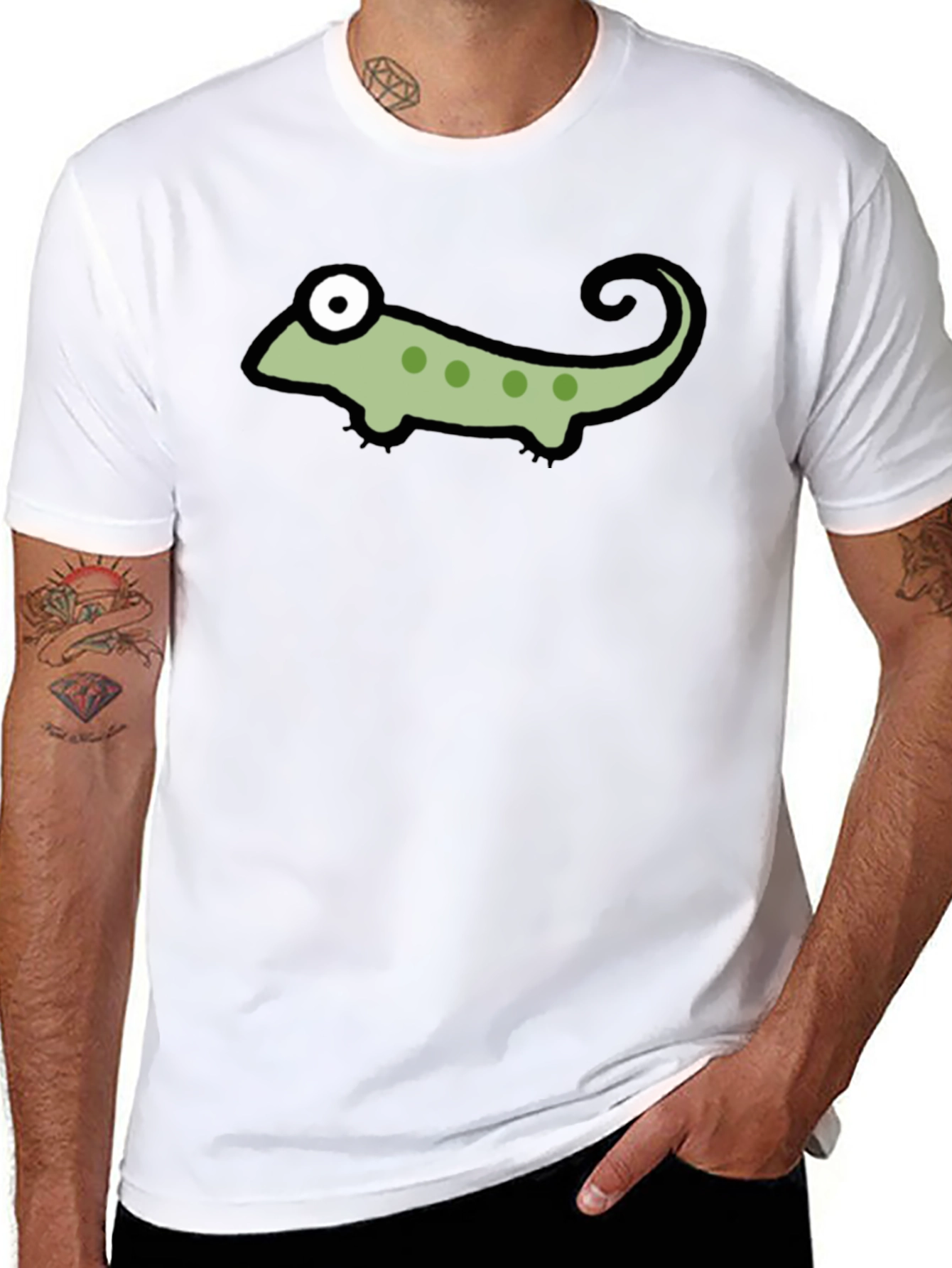 Black T-Shirt with Cartoon Chameleon Graphic