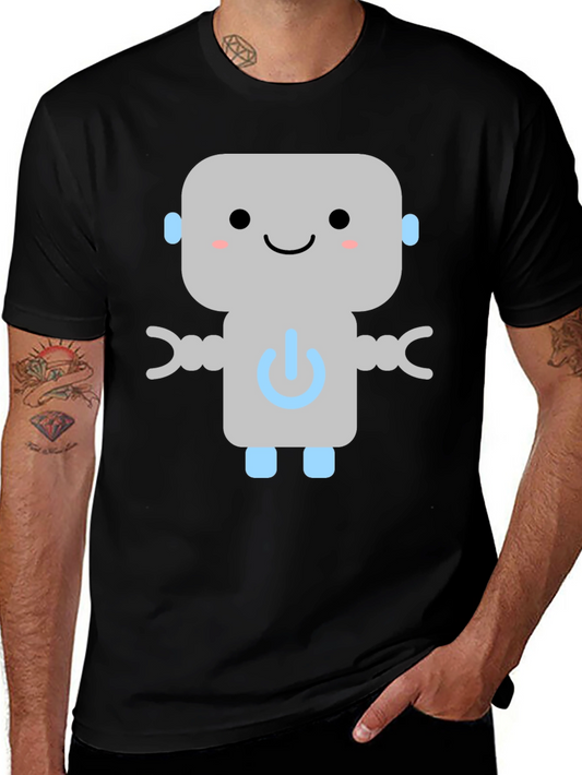 Cute Robot Graphic Tee - Black Cotton T-Shirt